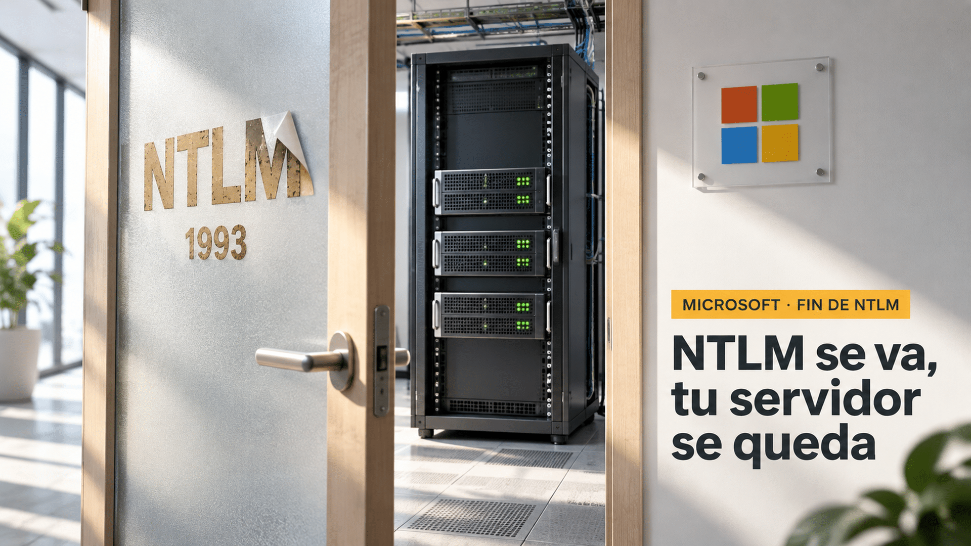 Puerta de vidrio esmerilado entreabierta con las letras doradas NTLM y 1993 despegándose, y detrás un rack de servidores encendido