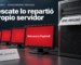 Ilustración con relieve: sobre un fondo de chapa pintada azul petróleo casi negro, a la derecha, una torre de servidor de metal grafito en tres cuartos de la que asoma una tarjeta de cartulina blanca con el texto «GPO: PAYLOAD»; desde su pie, una fila de cinco monitores iguales baja en diagonal hacia la izquierda con las pantallas encendidas en el mismo carmesí, y la más cercana dice «Welcome to Payload!»; en primer plano, una hoja doblada con «README-payload.txt»; arriba a la izquierda, el logo de Kaspersky, el antetítulo «Kaspersky · Ransomware PAYLOAD» y el titular «El rescate lo repartió el propio servidor»