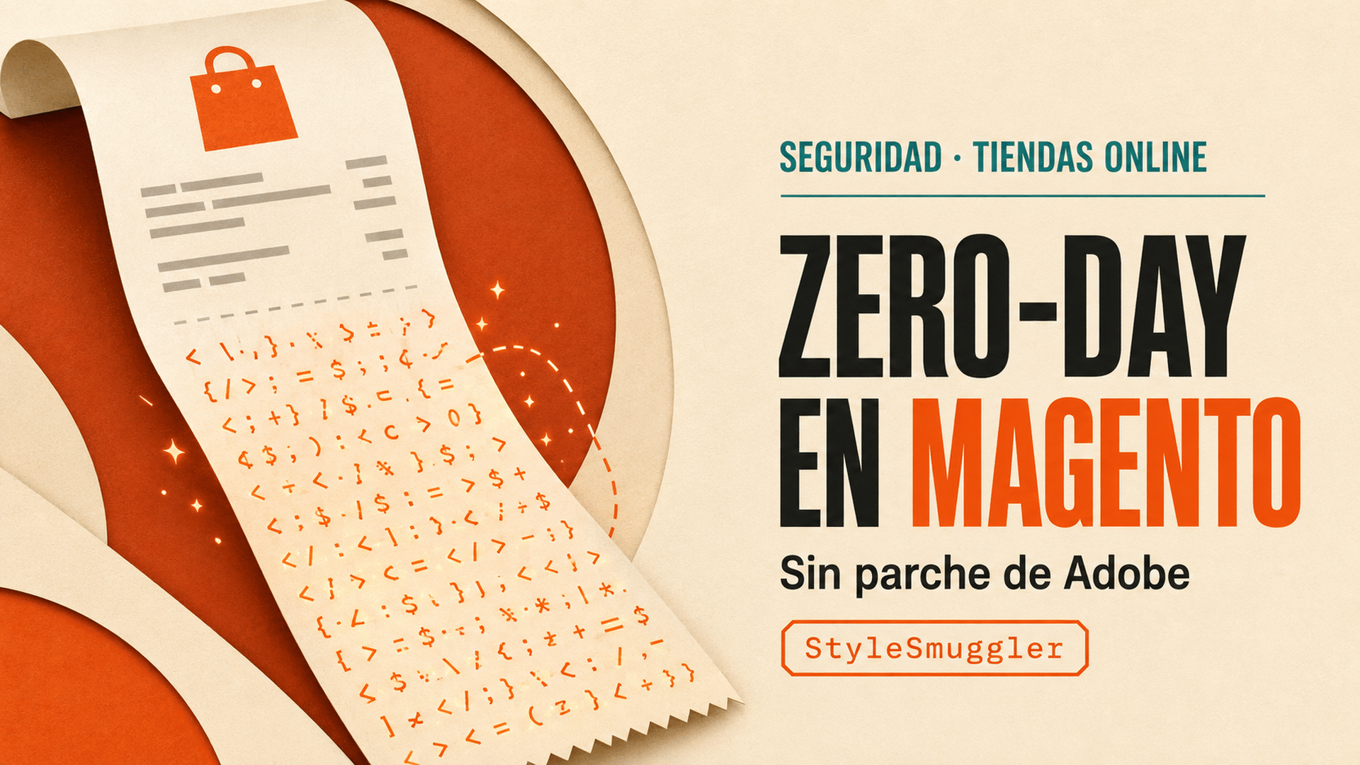 Ilustración editorial de un comprobante de compra que se transforma en código, junto al titular Zero-day en Magento