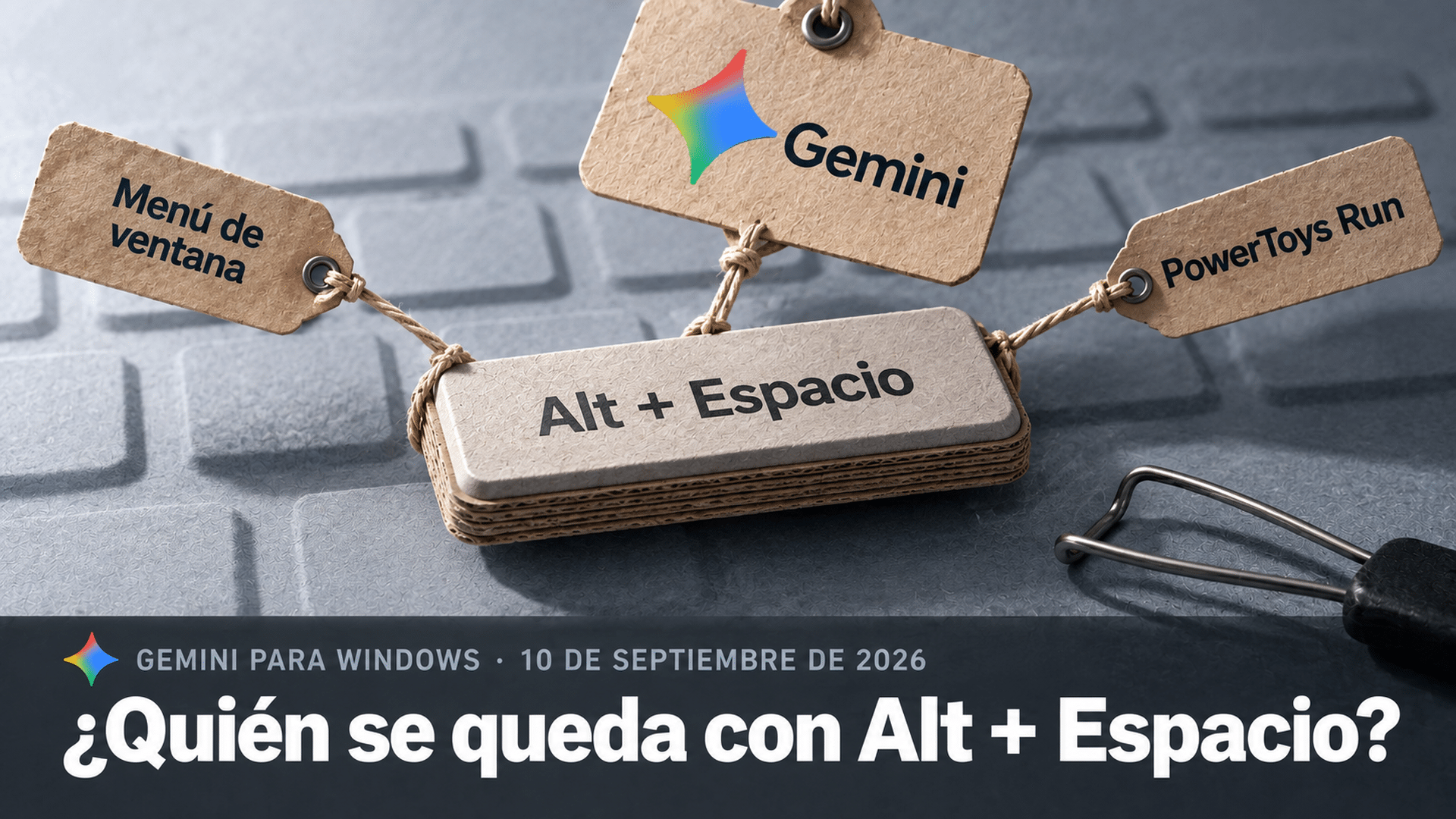Ilustración en relieve sobre una lámina de papel gris azulado con grano y luz rasante desde la izquierda: una tecla ancha de teclado, de cartón grueso y con el canto de las capas a la vista, rotulada Alt + Espacio, está levantada sobre un teclado de cartón desenfocado; de la tecla salen tres hilos tensados hacia etiquetas colgantes de papel kraft rotuladas Menú de ventana, PowerToys Run y Gemini, esta última la más adelantada, en color y con el spark de Gemini; en primer plano, un extractor de teclas metálico apoyado sobre el papel proyecta su sombra