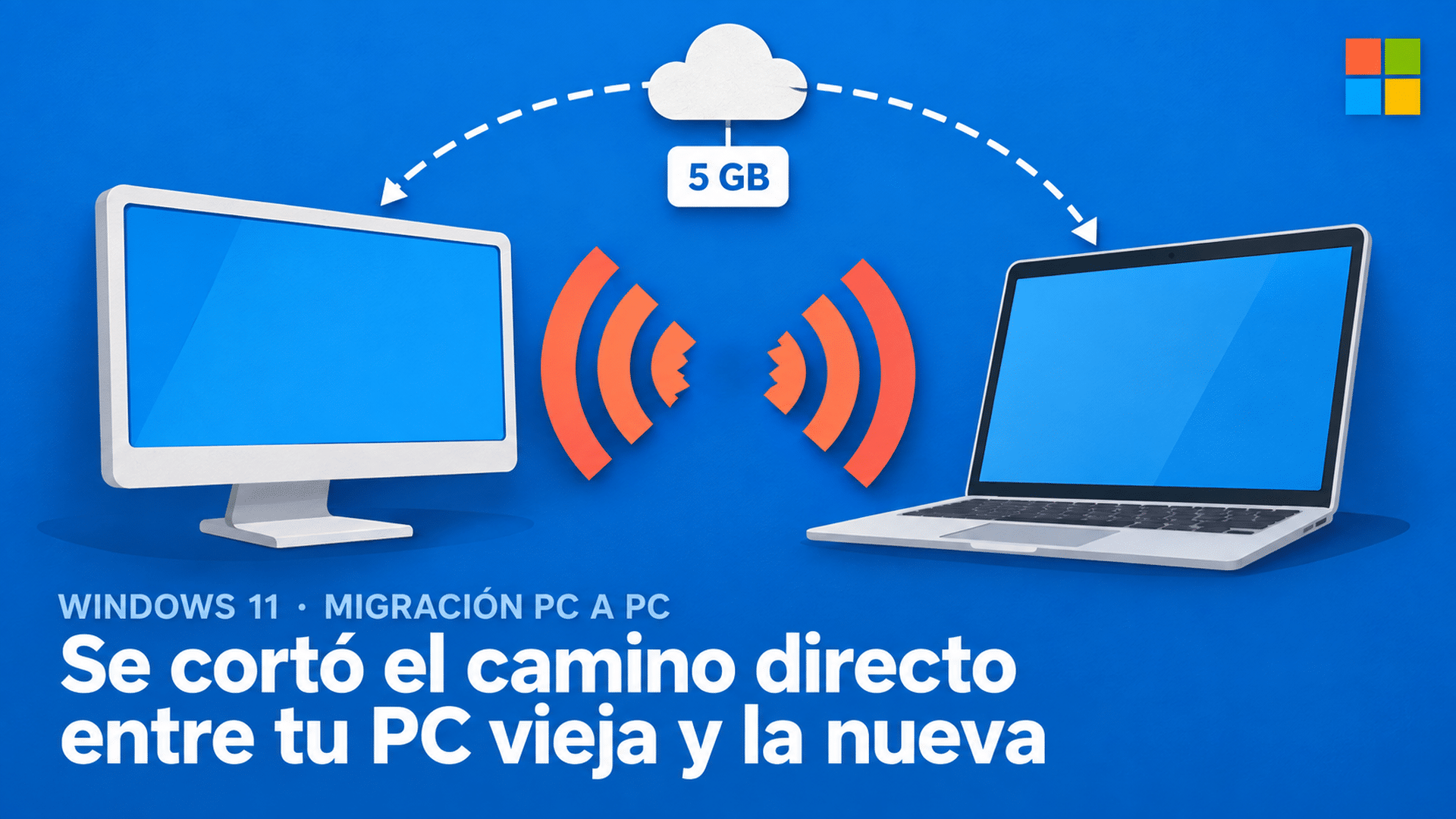 Ilustración plana de un monitor y una laptop enfrentados con el vínculo inalámbrico entre ambos partido al medio, y un arco punteado que pasa por una nube con una etiqueta de 5 GB