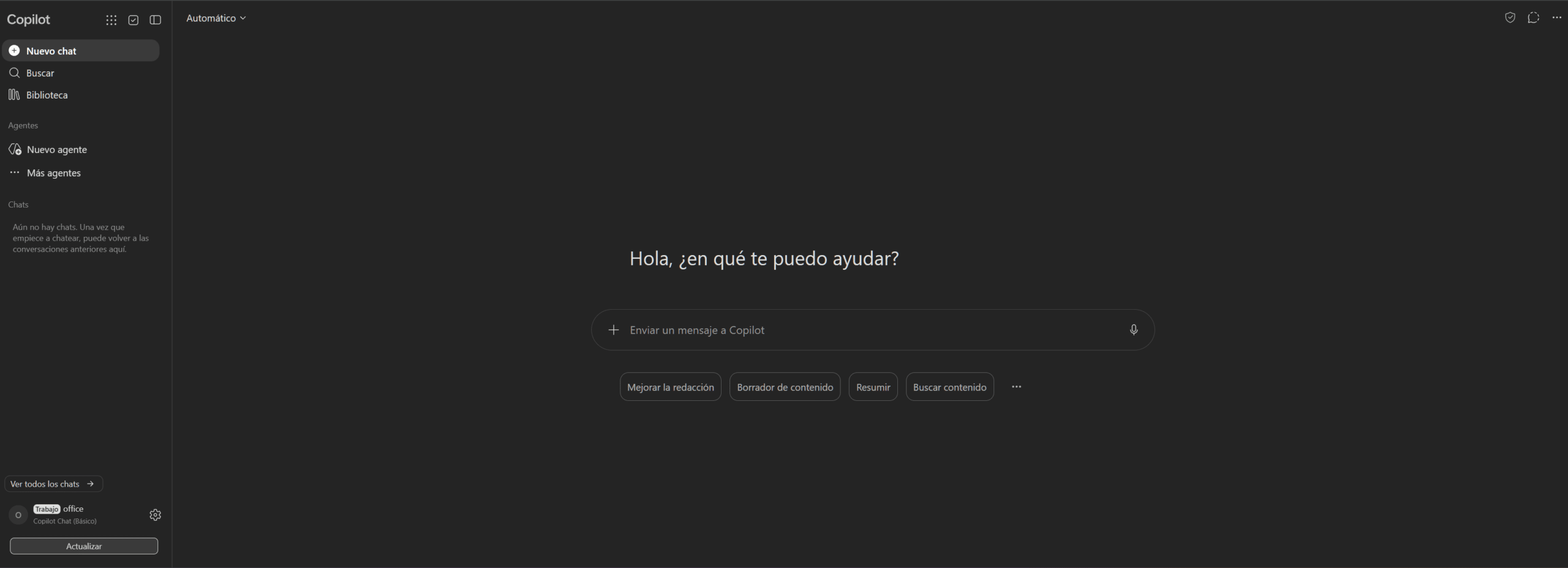 Pantalla de Copilot después de iniciar sesión en Microsoft 365
