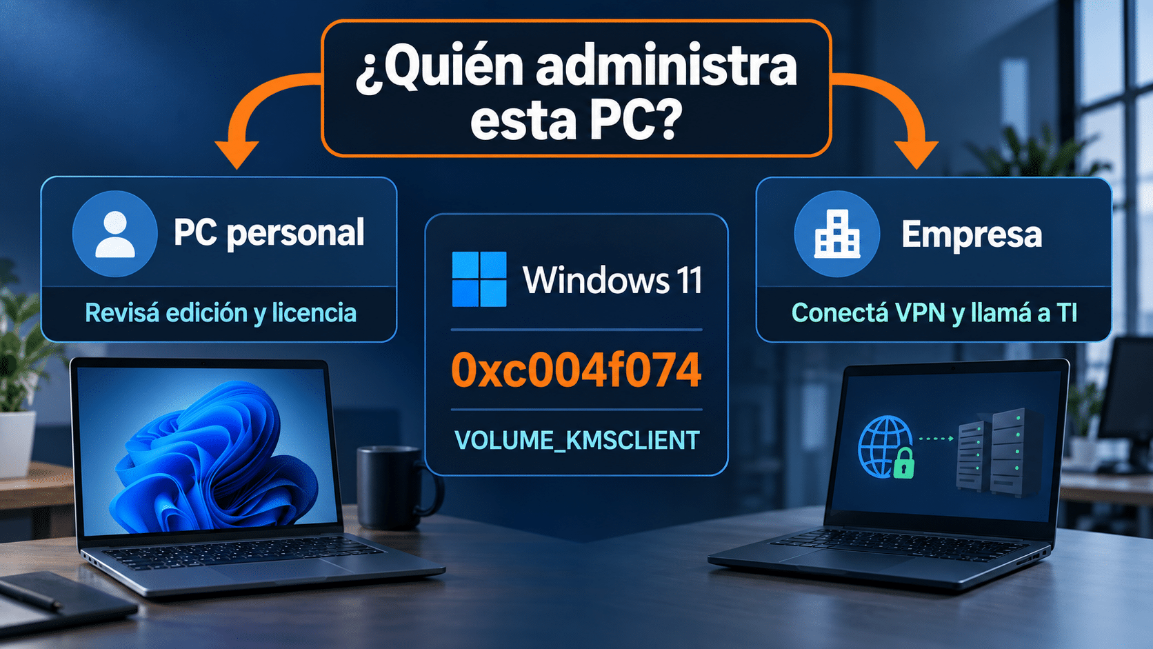 Árbol de diagnóstico para el error 0xc004f074 según equipo personal o administrado
