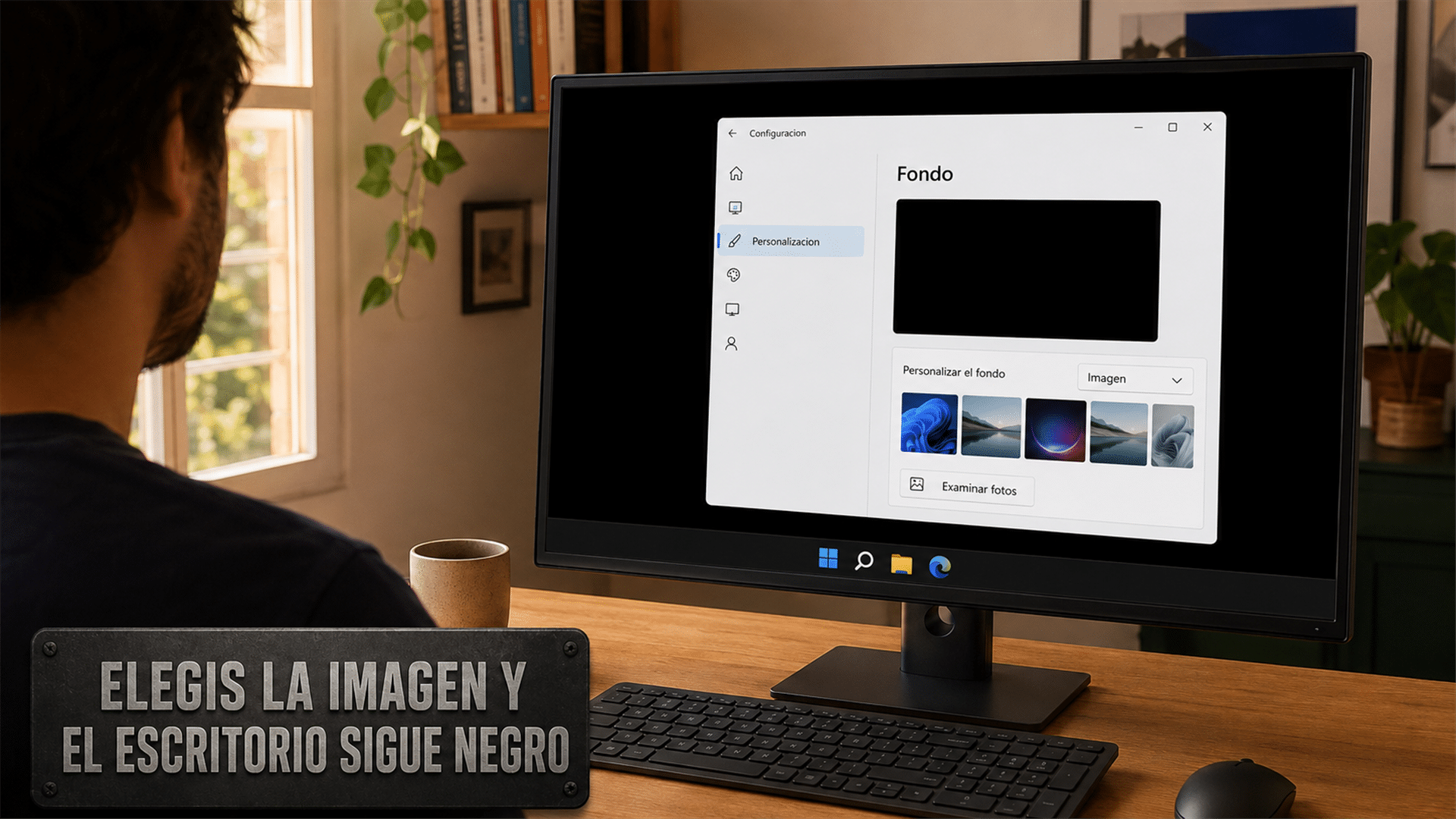 Escritorio de Windows 11 en negro tras instalar KB5120998, con el panel de personalización abierto