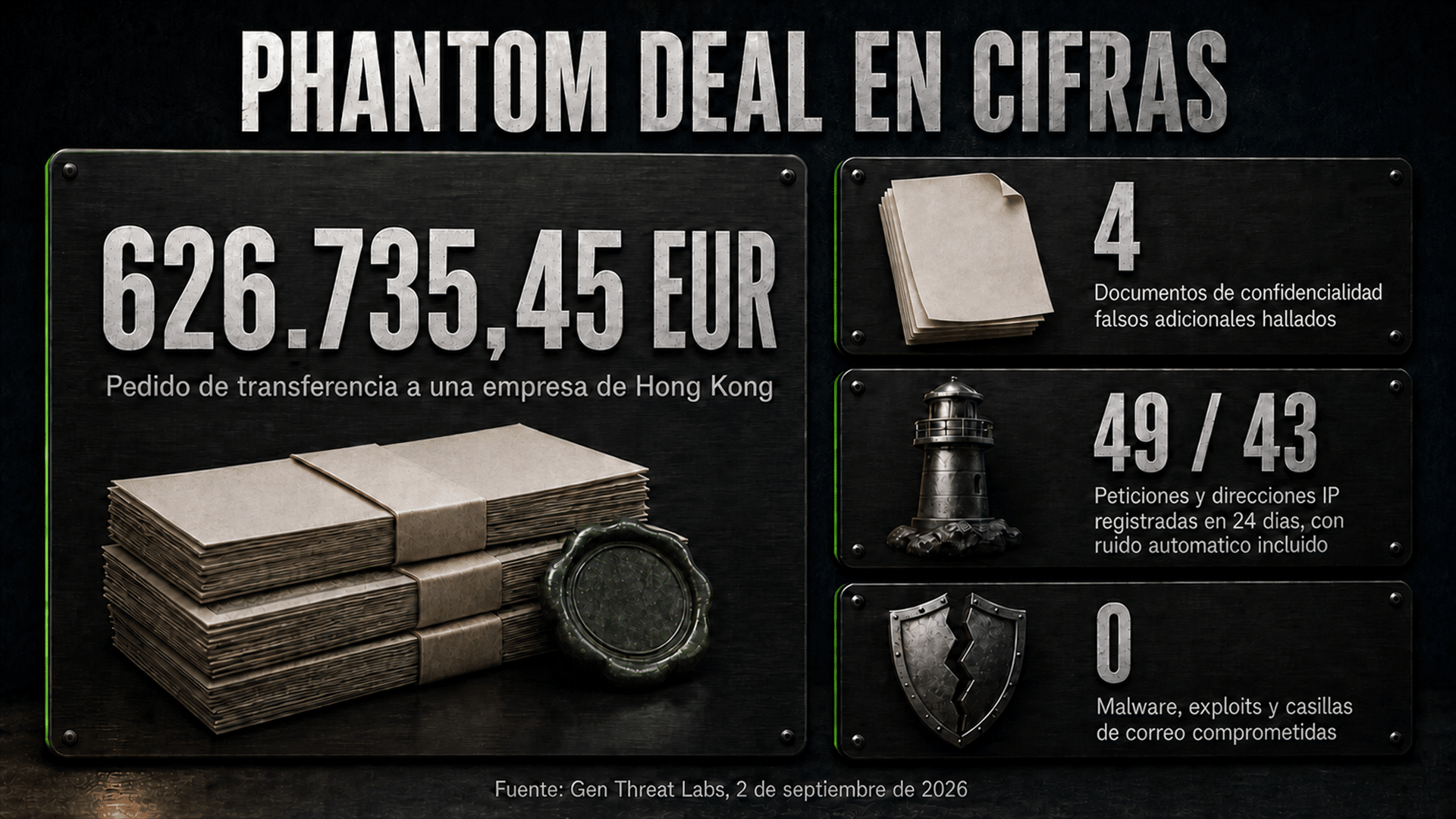 Phantom Deal: infografía con las cifras del caso, 626.735,45 euros pedidos a Hong Kong y cuatro documentos falsos adicionales