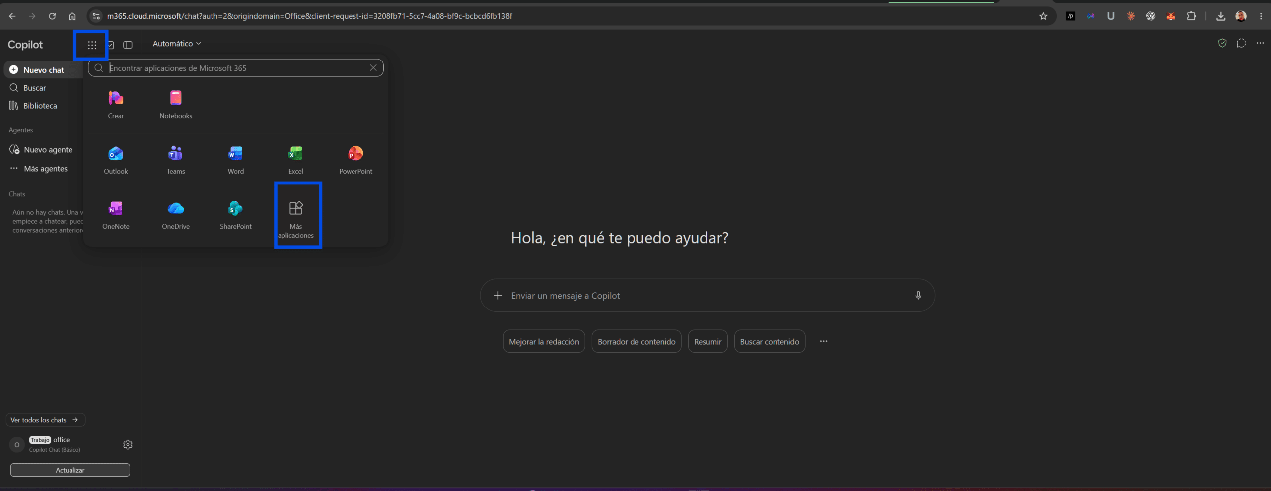 Iniciador de Microsoft 365 con la opción Más aplicaciones resaltada