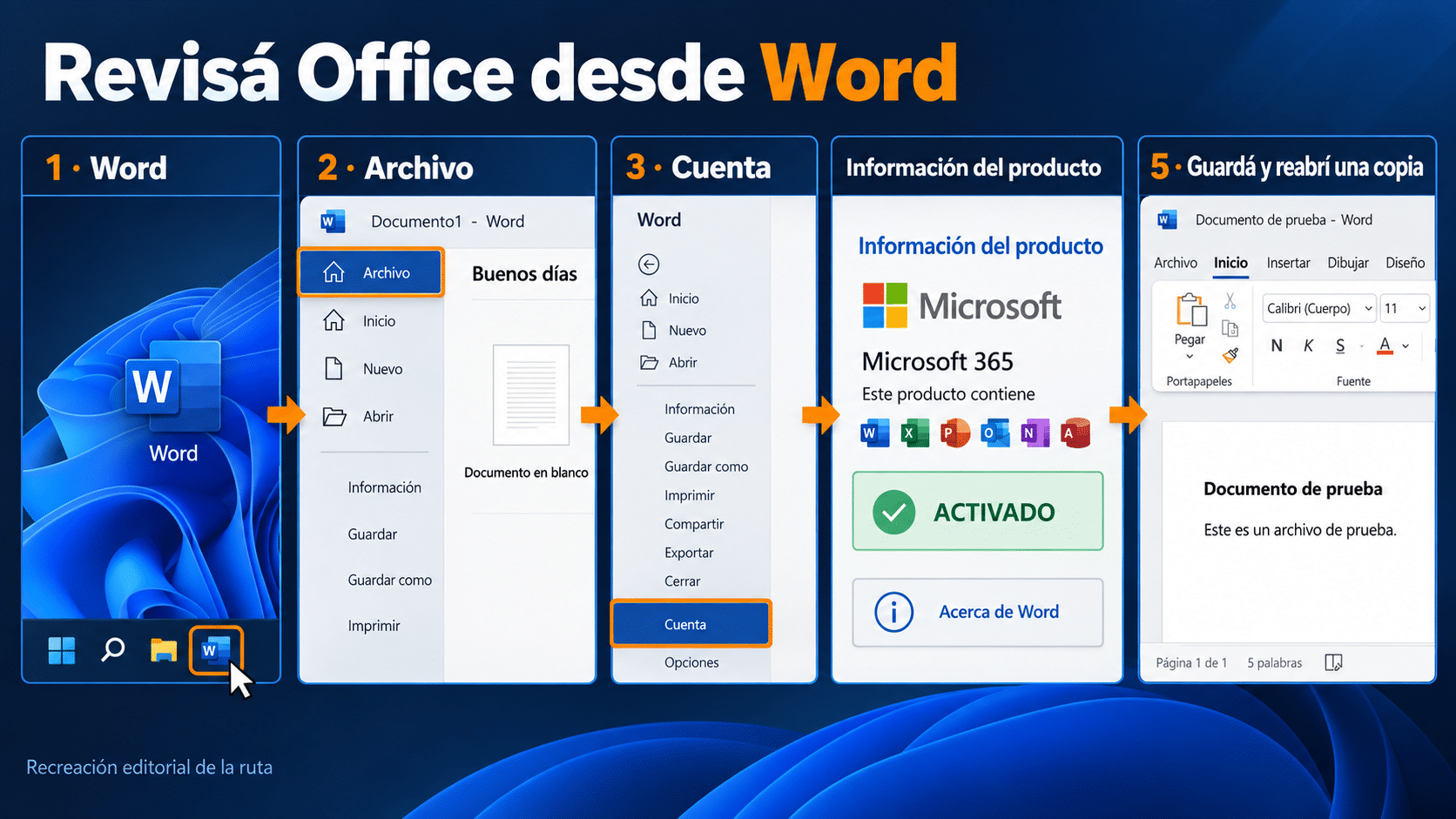 Revisar Office desde Archivo y Cuenta Ruta desde Word hasta Archivo, Cuenta e Información del producto para revisar Office