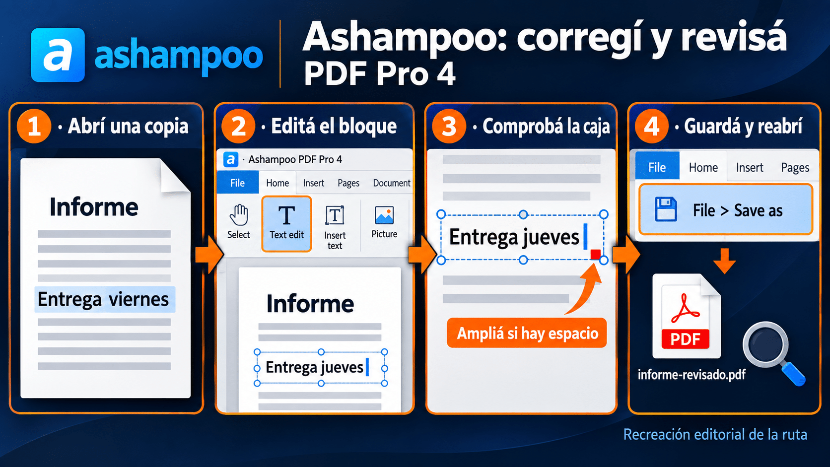 Ruta de edición en Ashampoo PDF Pro 4 y comprobación de texto desbordado
