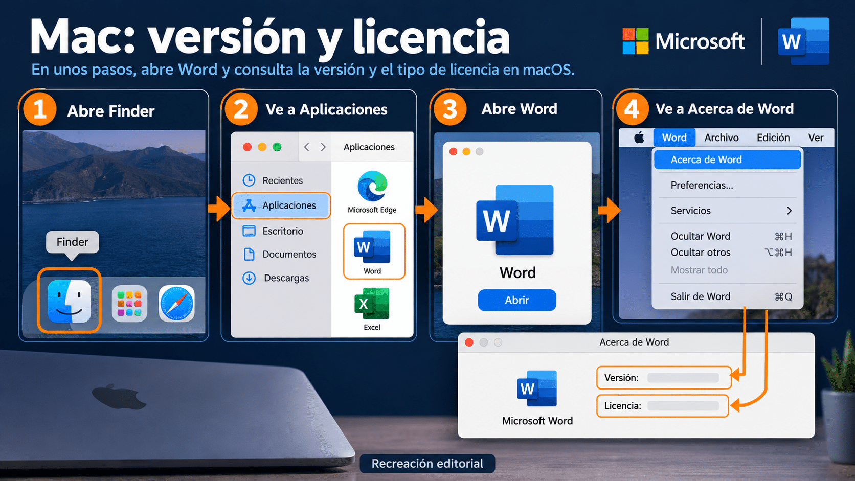 Recorrido desde Finder y Word hasta el menú Acerca de Word en Mac