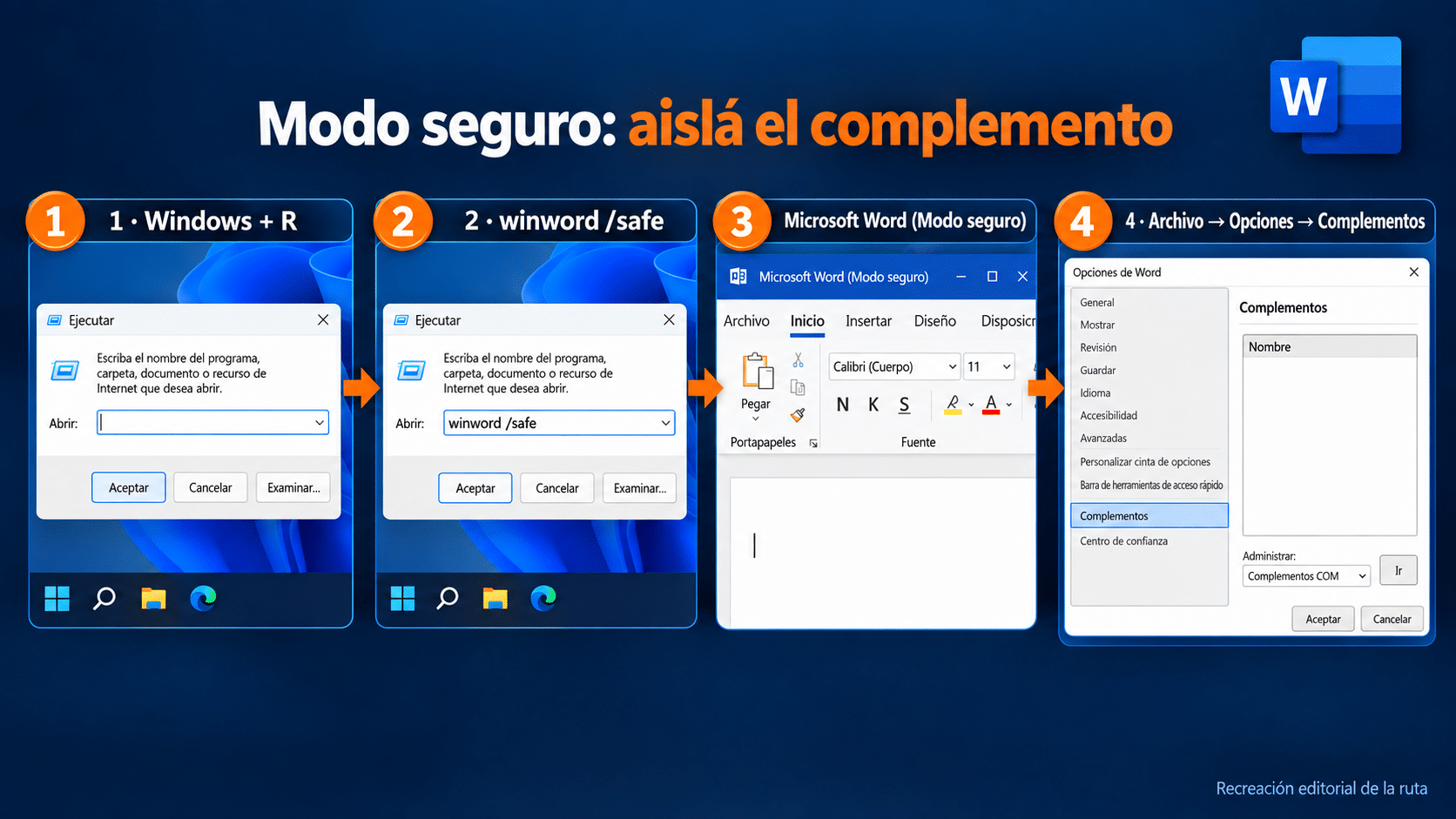 Ruta para abrir Word o Excel en modo seguro y revisar complementos COM