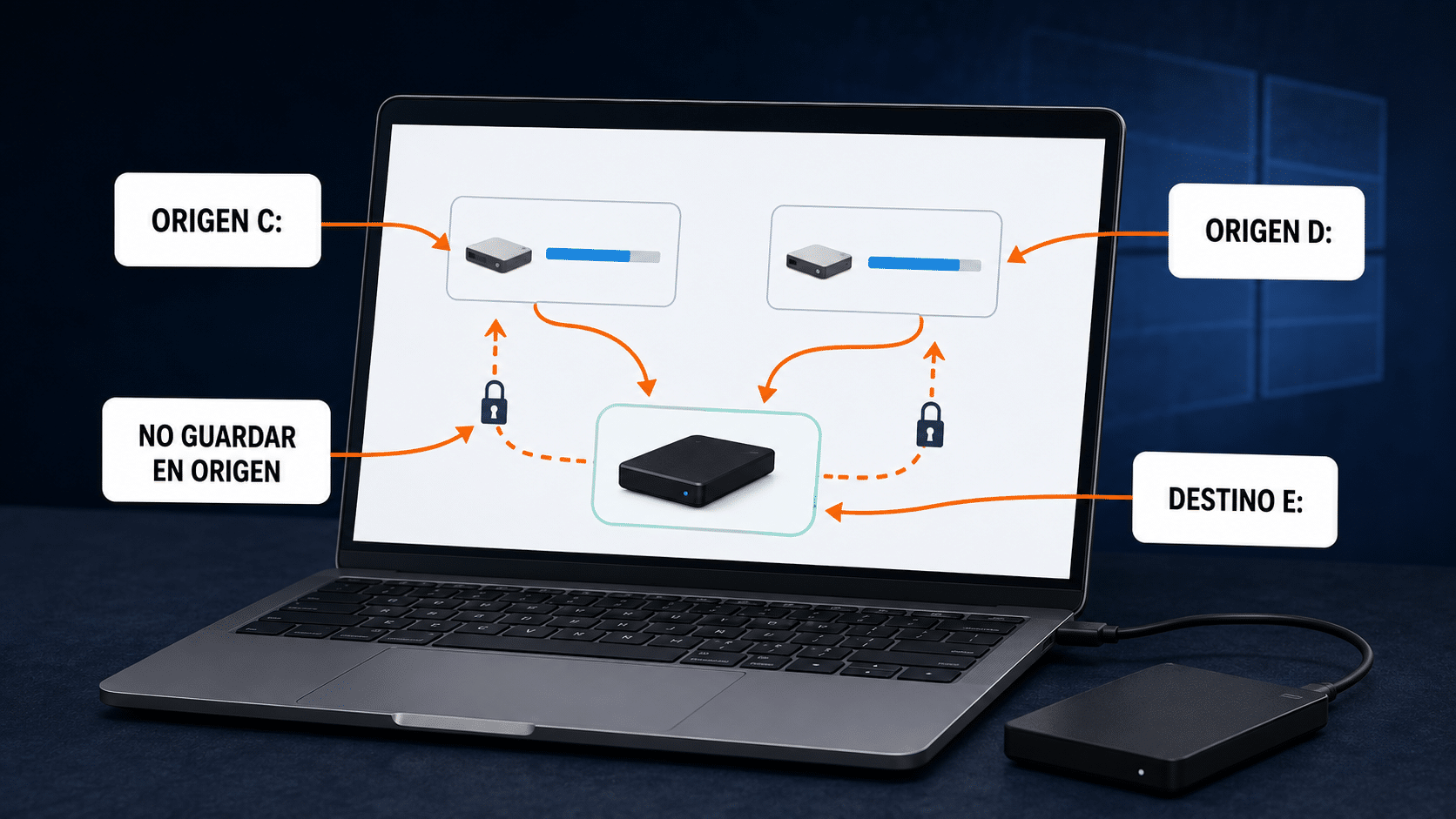 Diagrama de origen y destino para recuperar un disco interno o externo