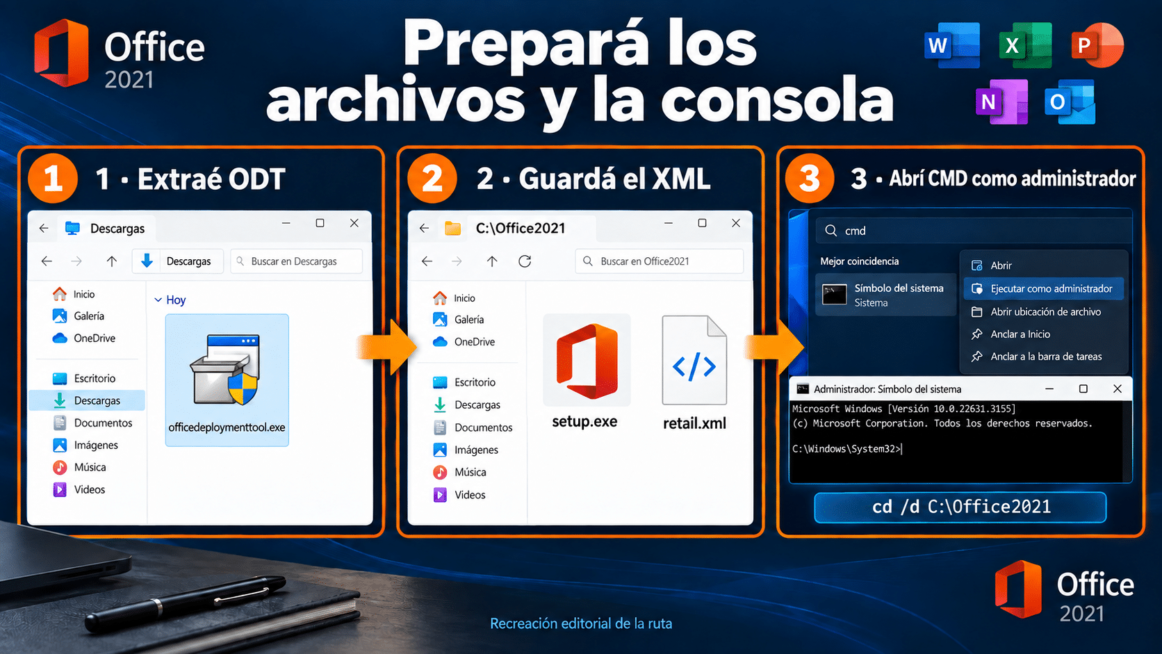 Recorrido para preparar setup.exe y el XML en la carpeta Office2021