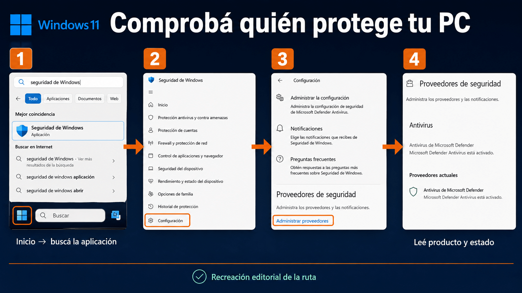 Ruta desde Inicio hasta Administrar proveedores en Seguridad de Windows