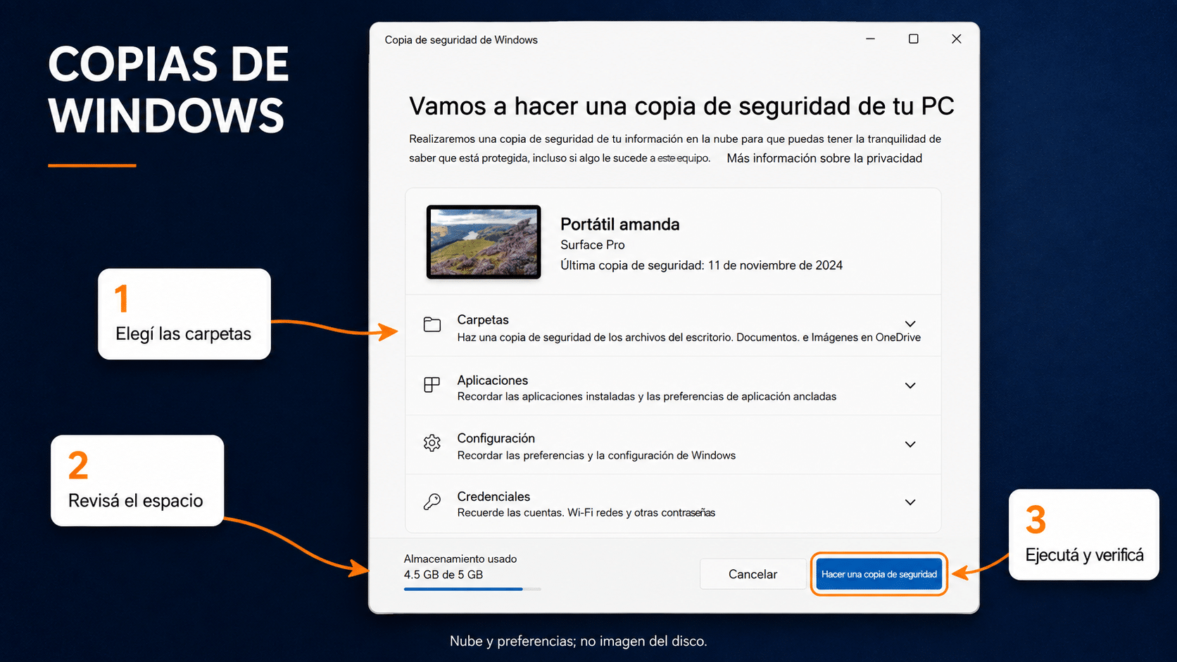 Copias de seguridad de Windows: carpetas y preferencias en OneDrive