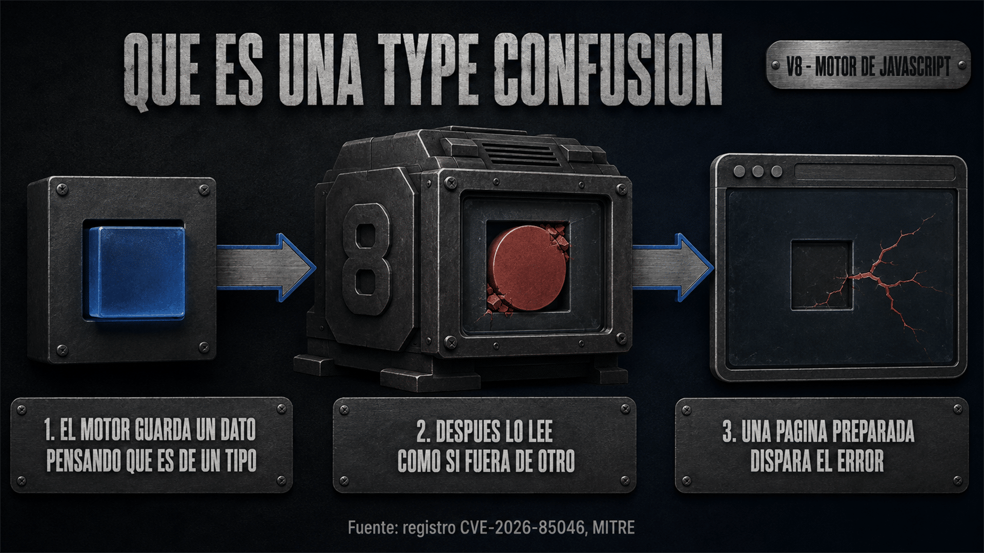 Ilustracion editorial de una falla type confusion en el motor V8 de Chrome