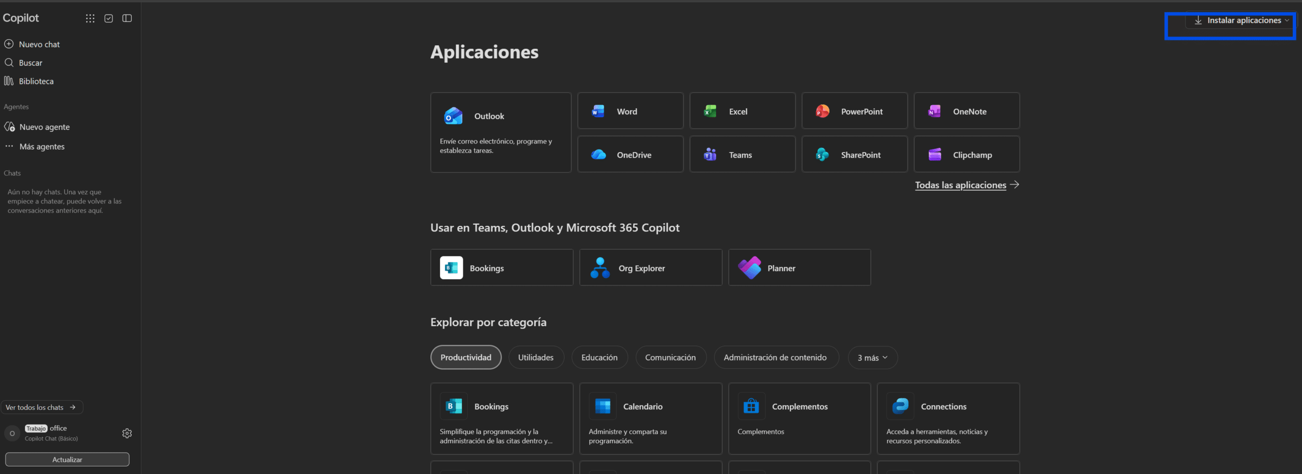 Página Aplicaciones de Microsoft 365 con el botón Instalar aplicaciones resaltado