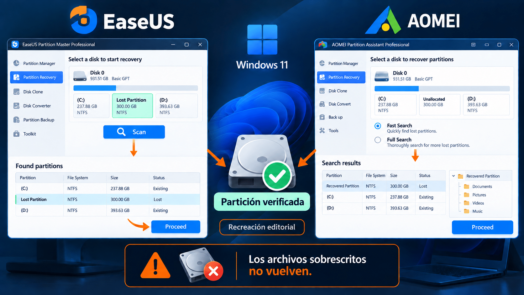 Comparación de las rutas EaseUS y AOMEI para buscar una partición perdida y verificarla antes de restaurar