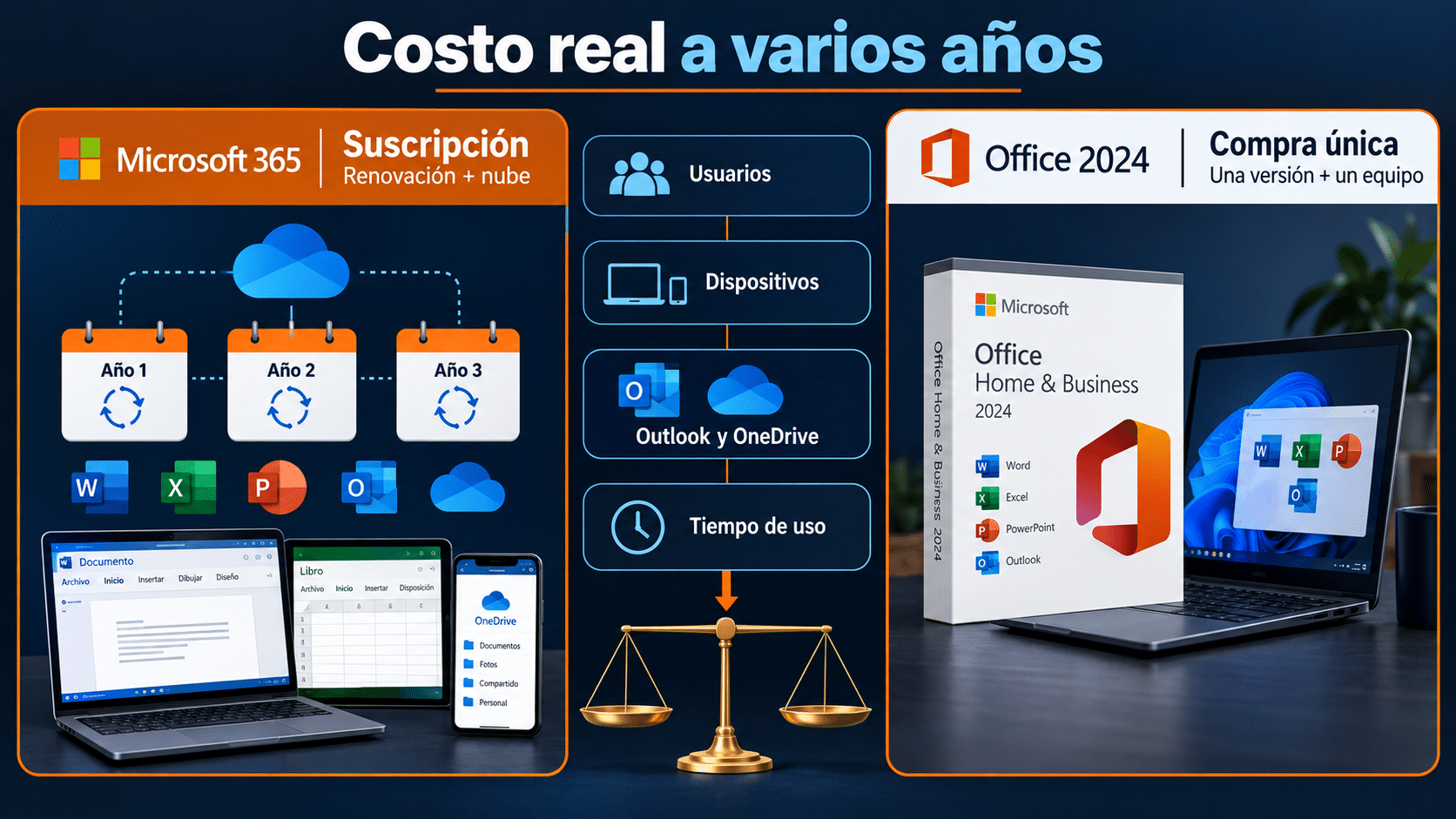 Cálculo del costo de Office a tres años con funciones y dispositivos