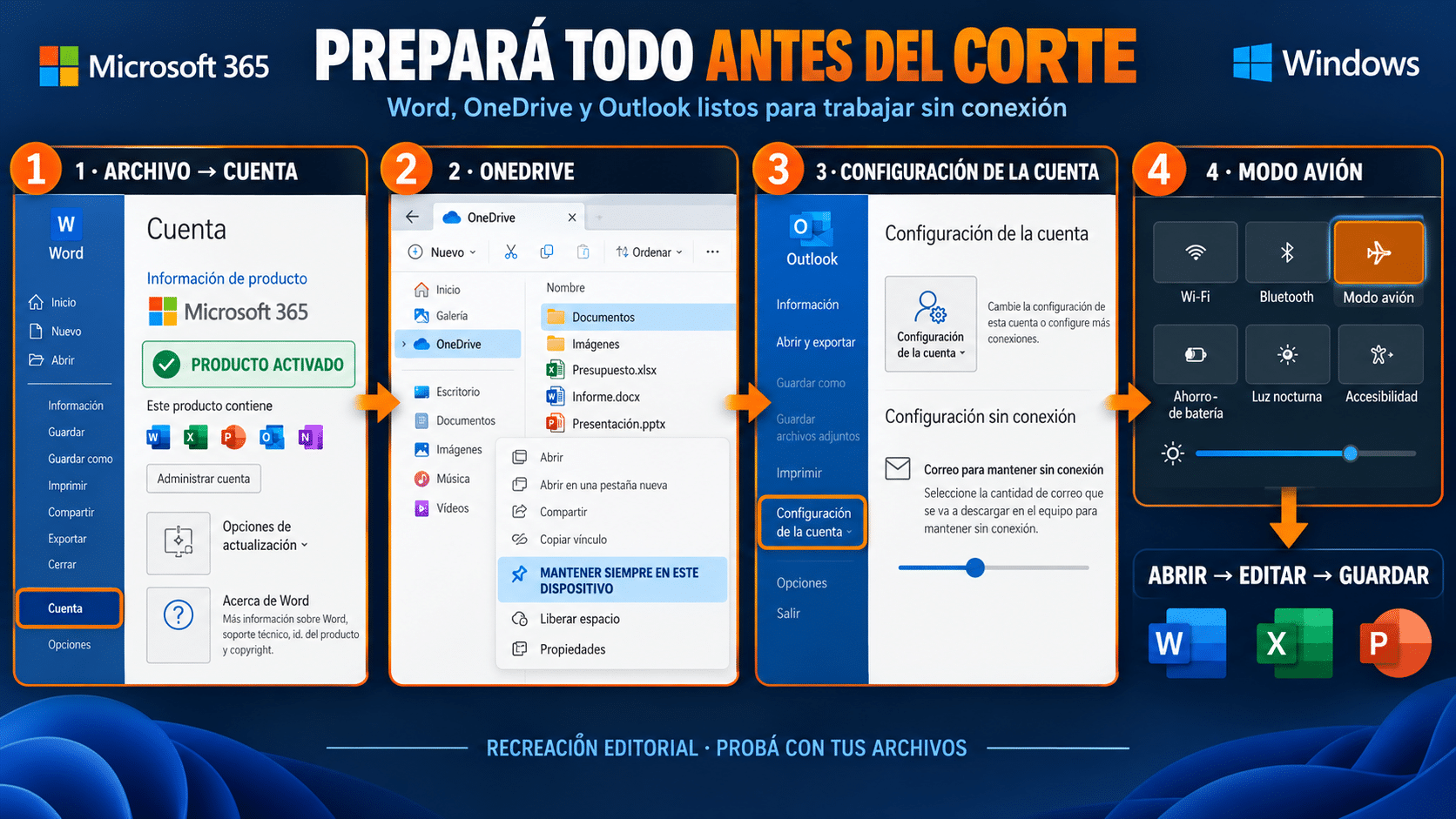 Pasos para descargar archivos de OneDrive y preparar Outlook offline