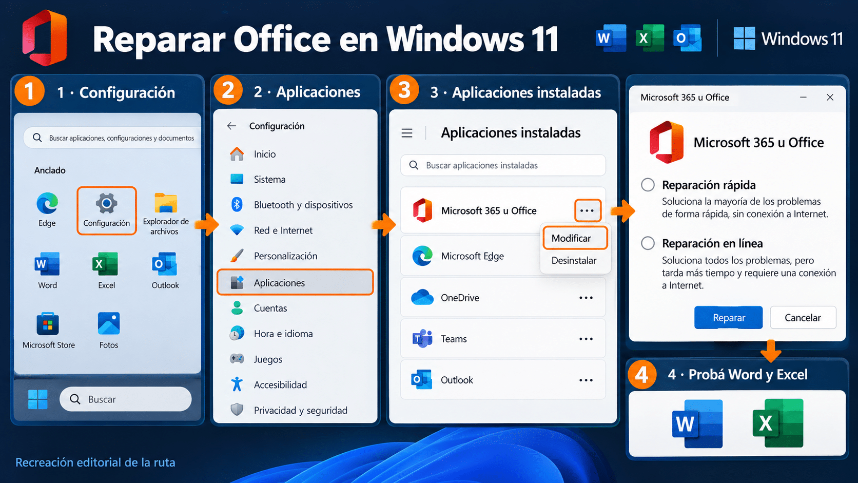 Recorrido de Windows para elegir Reparación rápida o Online Repair de Office