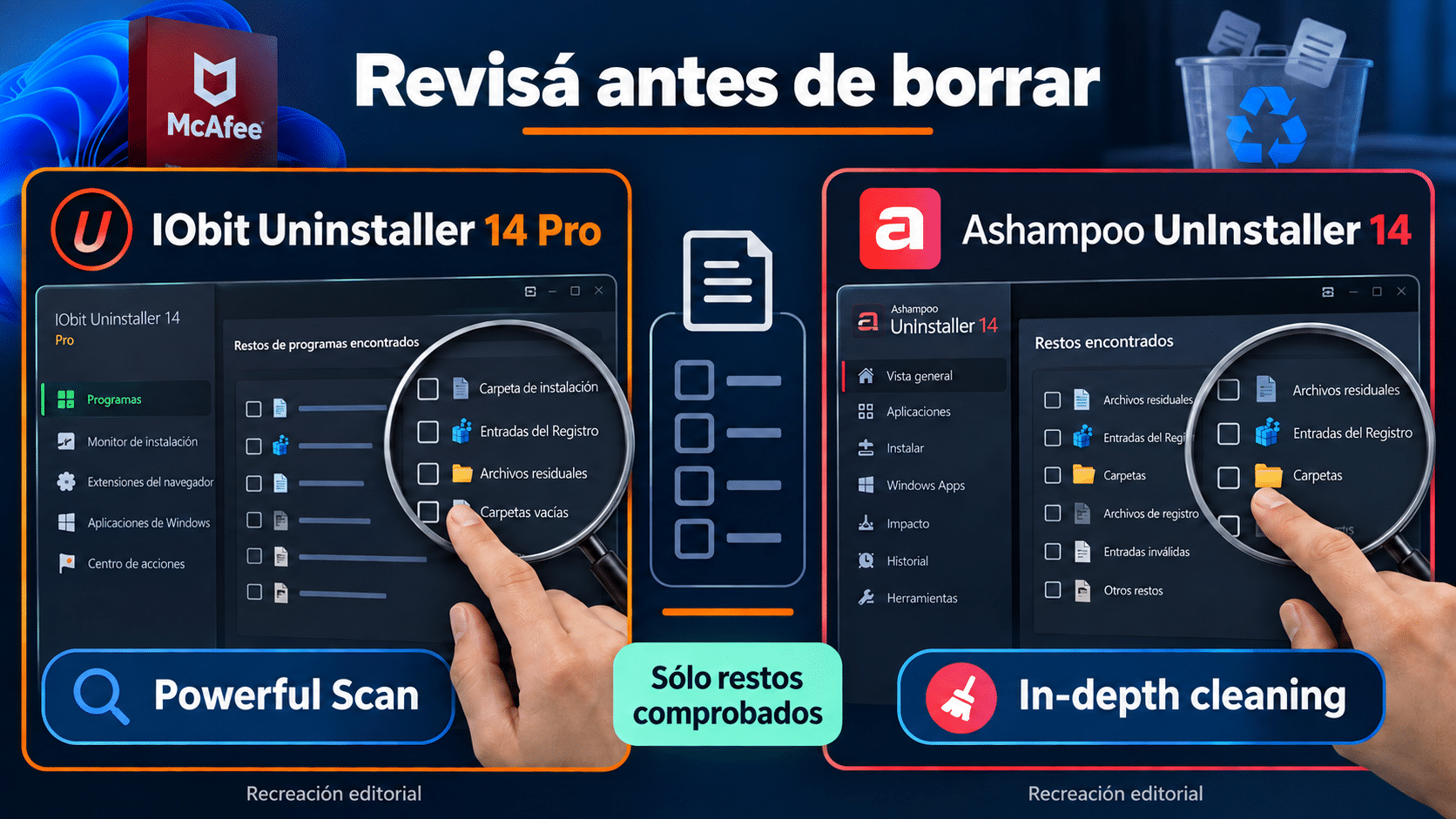 Revisión manual de restos de McAfee en IObit y Ashampoo tras usar la ruta oficial