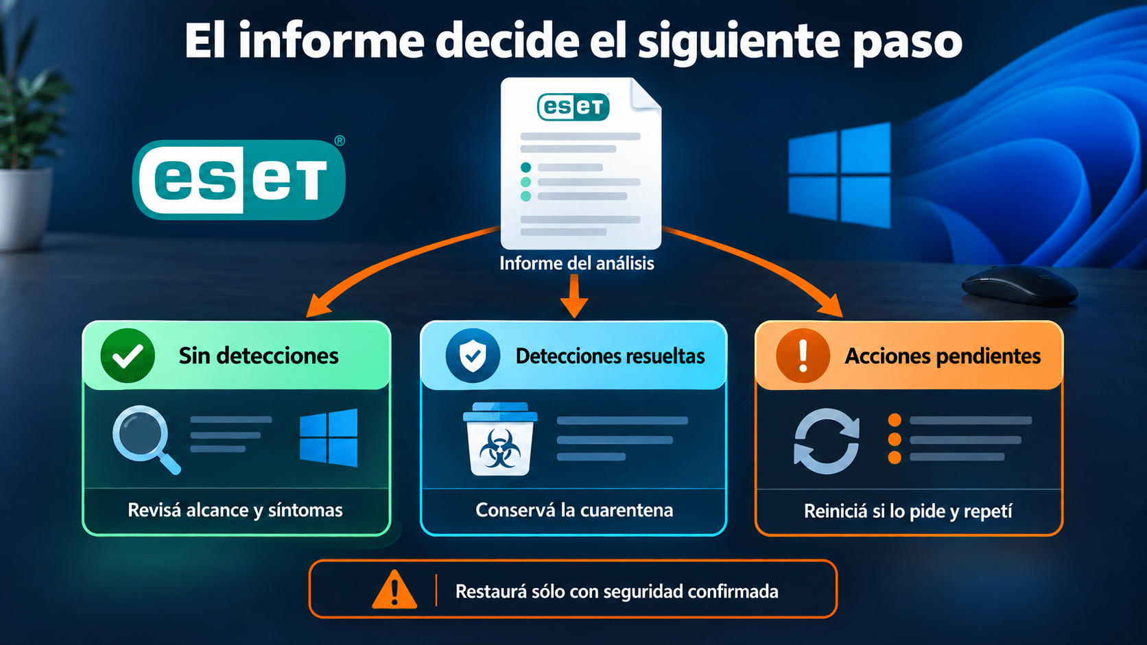 Tres decisiones tras el análisis: sin detecciones, detecciones resueltas y acciones pendientes