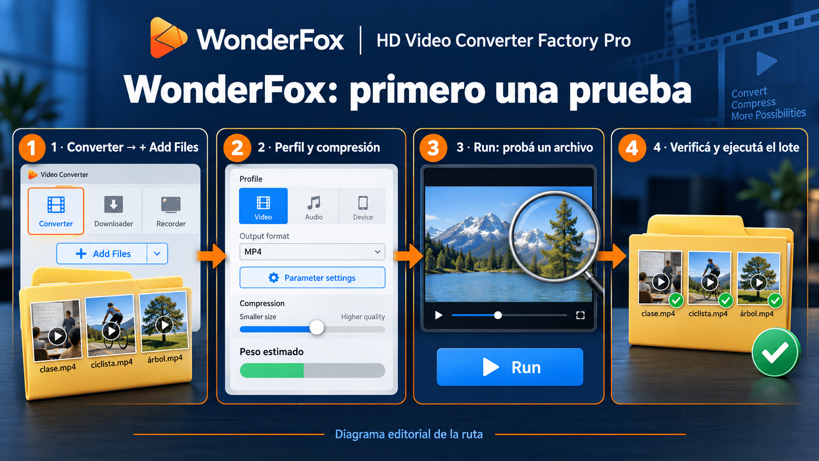 Proceso de WonderFox para importar un lote, ajustar compresión, probar y ejecutar