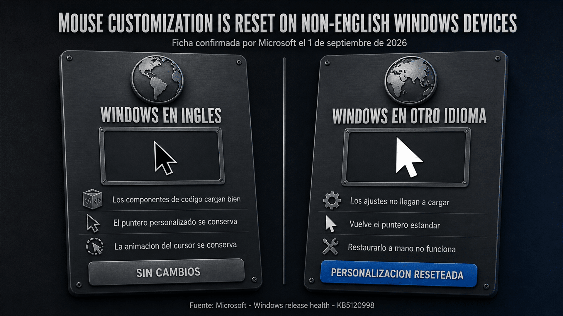 Comparación entre una instalación de Windows en inglés y una en otro idioma frente al reseteo del cursor
