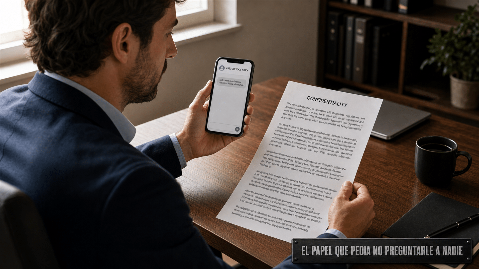 Persona en un escritorio sostiene un contrato impreso mientras mira en el teléfono la conversación que originó el pedido de pago
