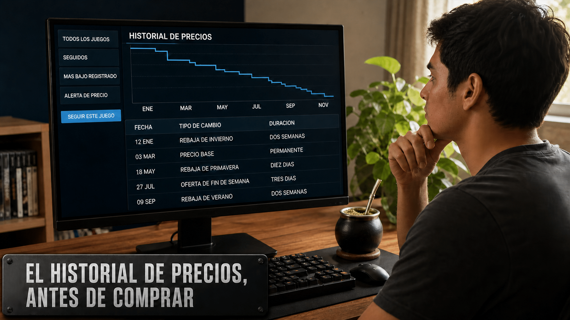 Persona revisando en su computadora el historial de precios de un videojuego antes de decidir la compra