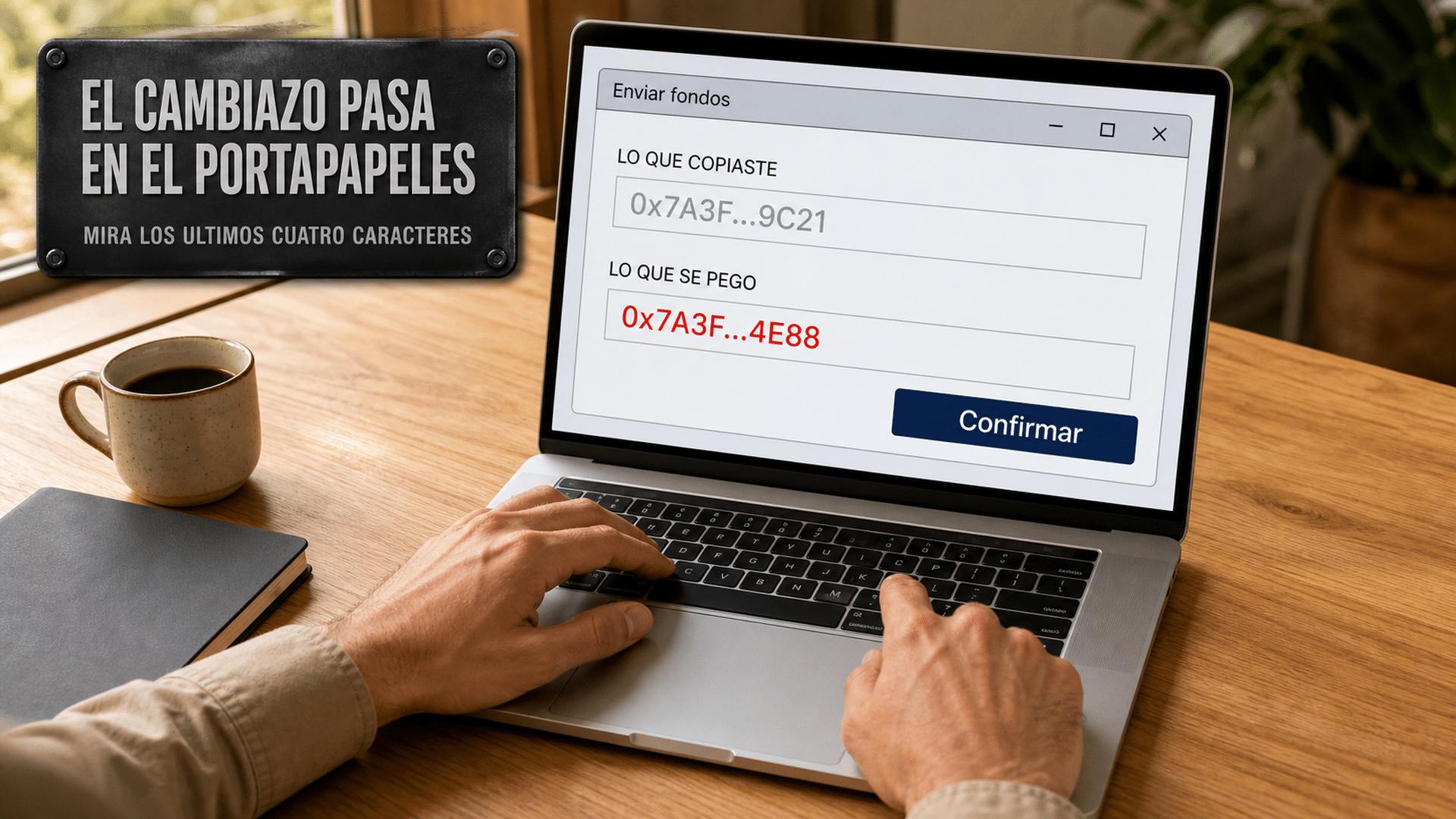 Persona a punto de pegar una dirección de billetera cripto en una notebook, con la dirección ya sustituida en pantalla