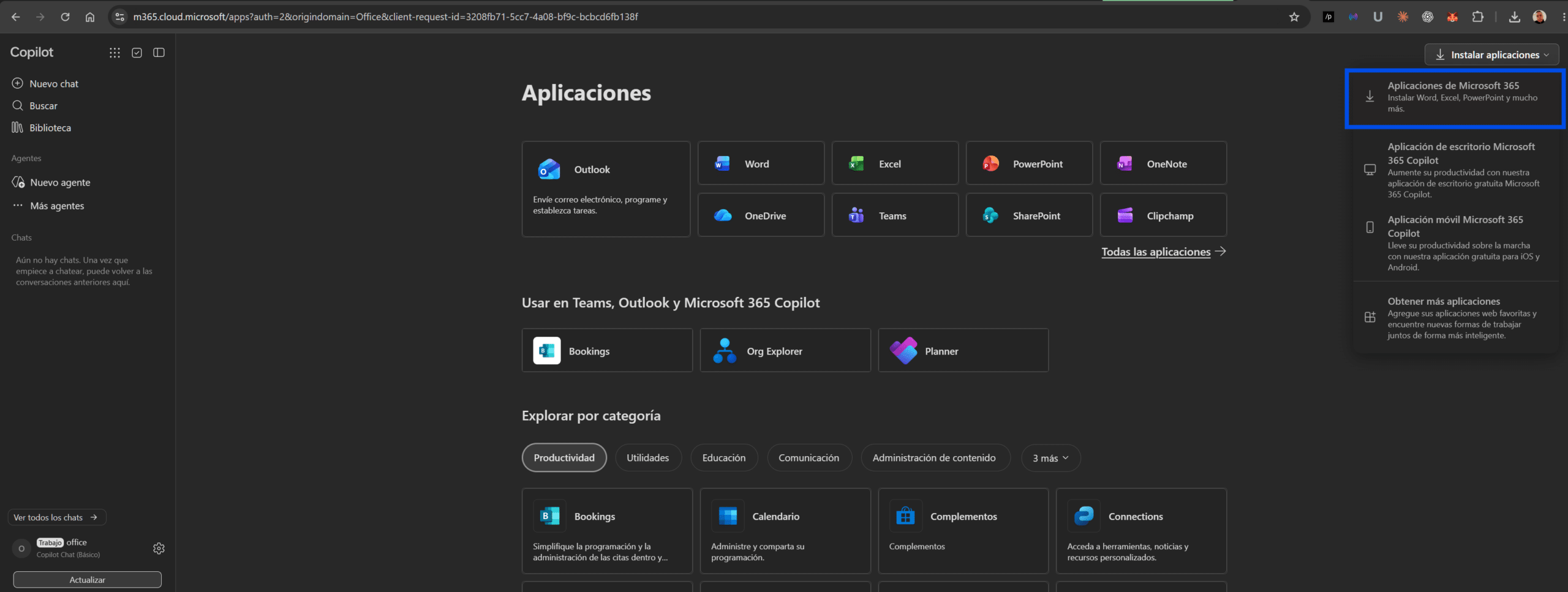 Menú Instalar aplicaciones con Aplicaciones de Microsoft 365 resaltado