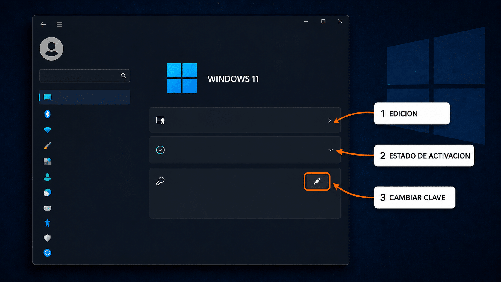 Ruta de Configuración para cambiar la clave de producto Windows 11