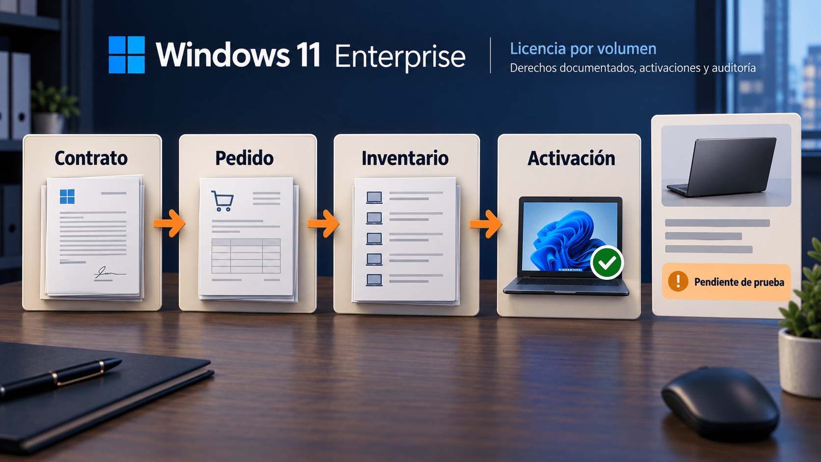 Auditoría de licencias Windows con contrato pedido inventario y activación como pruebas distintas