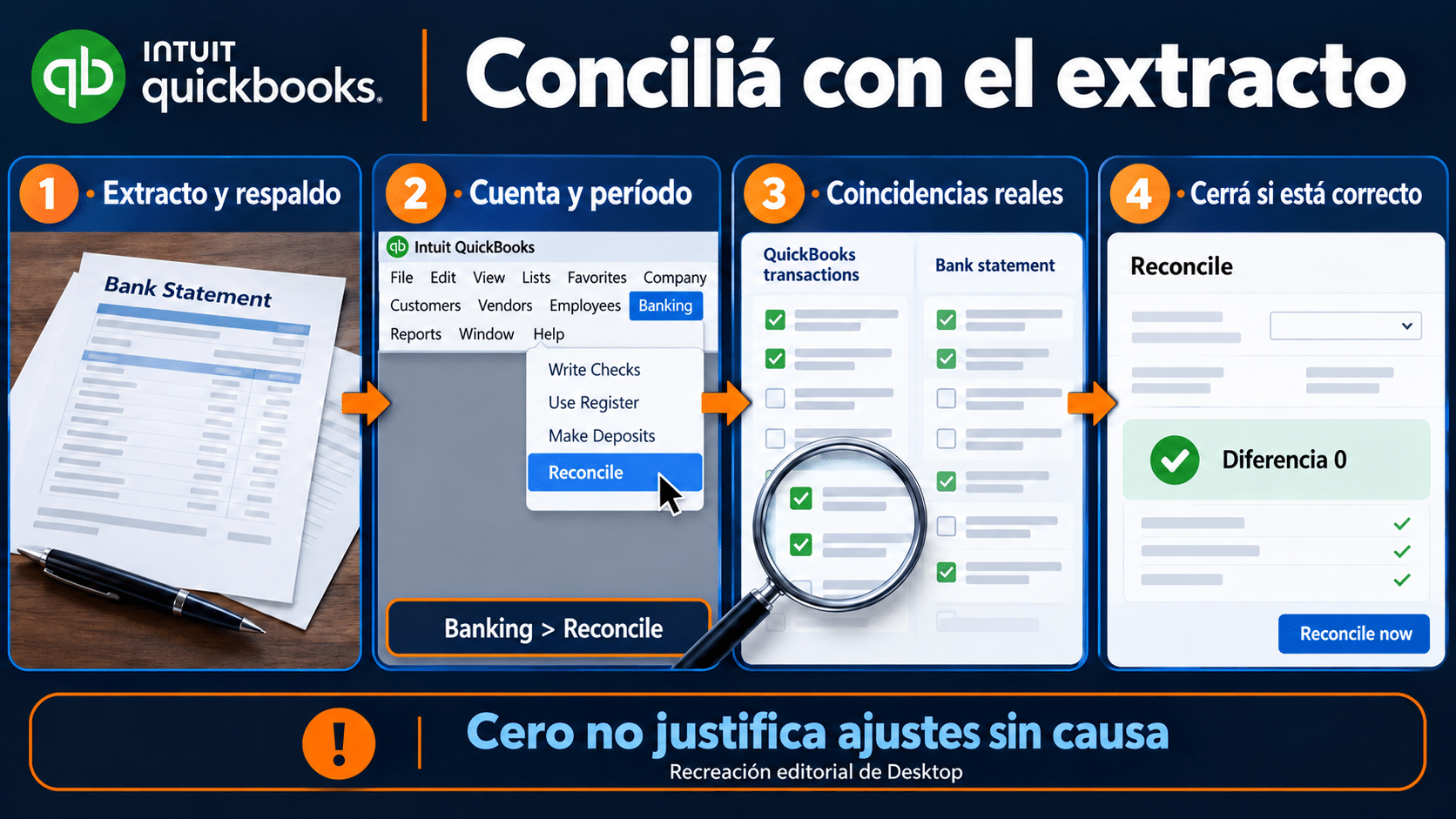 Conciliación: extracto, Banking Reconcile y diferencia comprobada