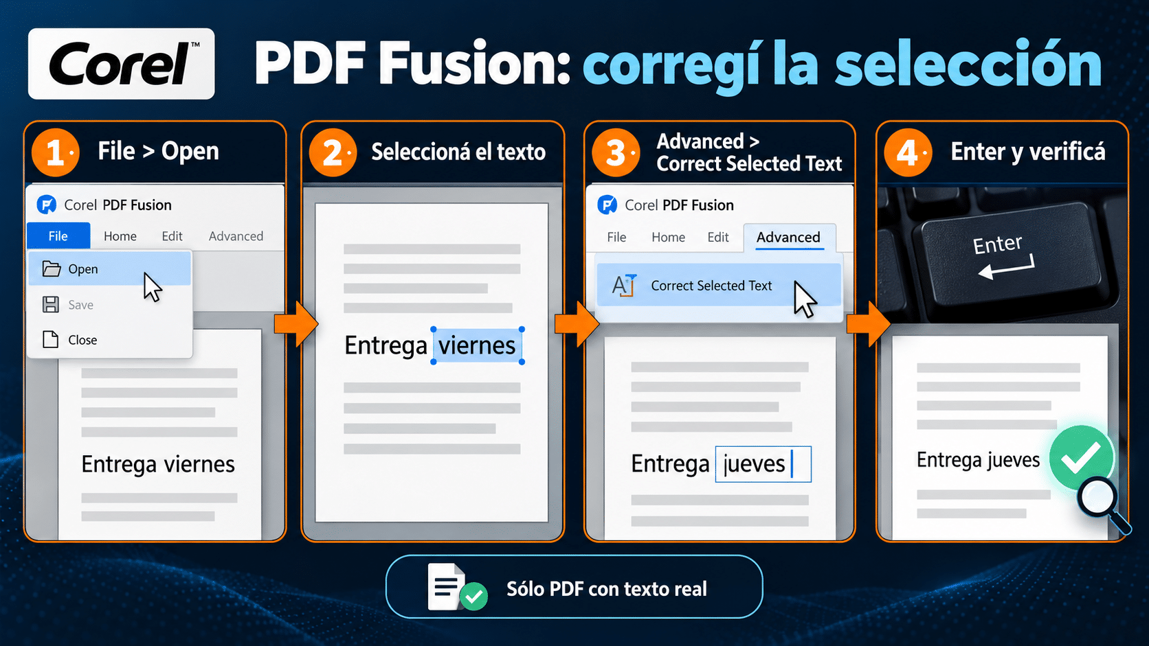 Recorrido de Corel PDF Fusion para Correct Selected Text y confirmación con Enter