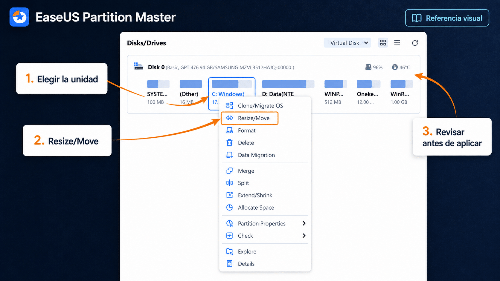 Referencia del control Resize Move en EaseUS Partition Master