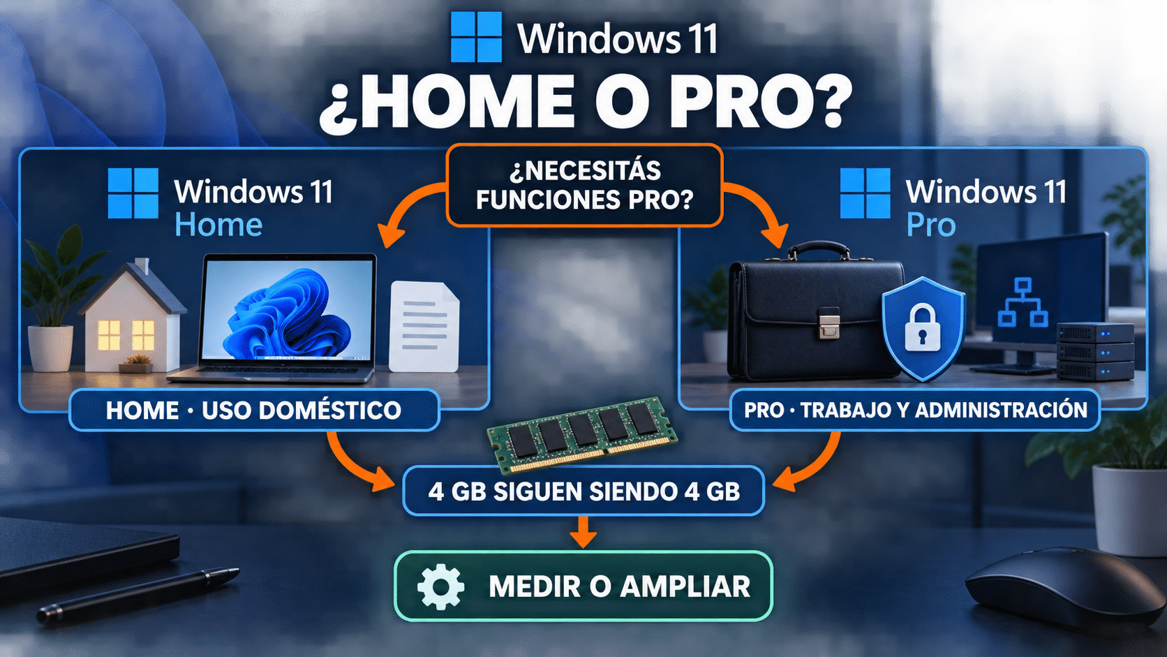 Decisión entre Windows 11 Home y Pro en una PC con 4 GB