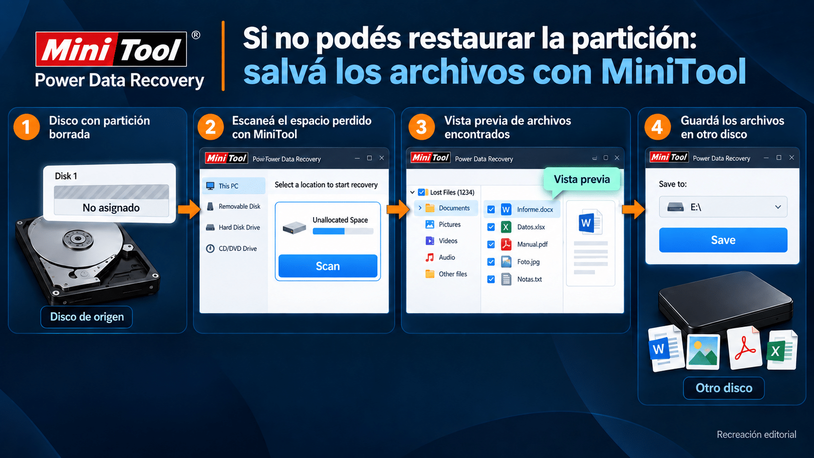 Recuperación de archivos desde una partición perdida hacia otra unidad física con MiniTool