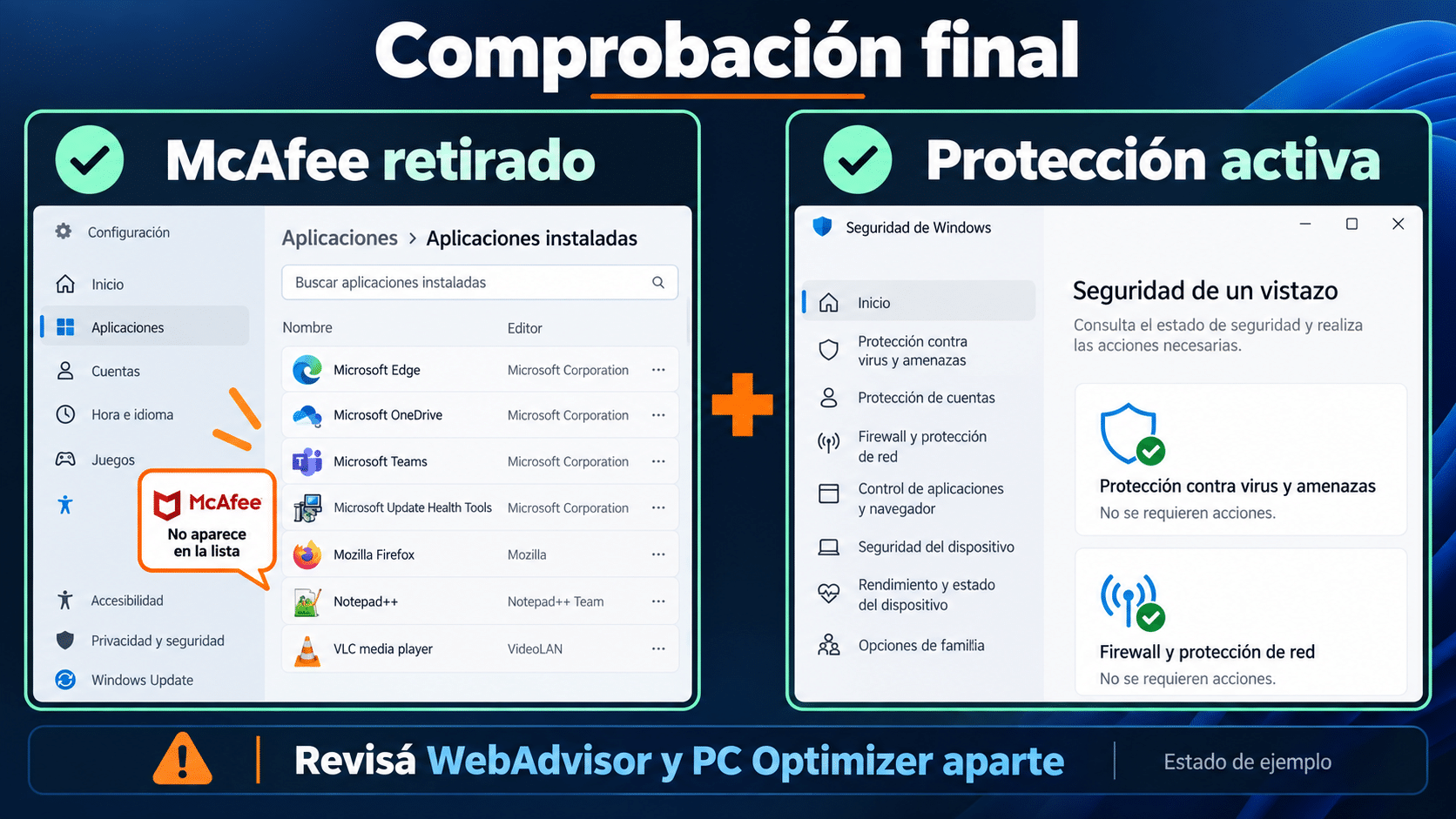 Verificación de McAfee retirado y Microsoft Defender activo tras reiniciar