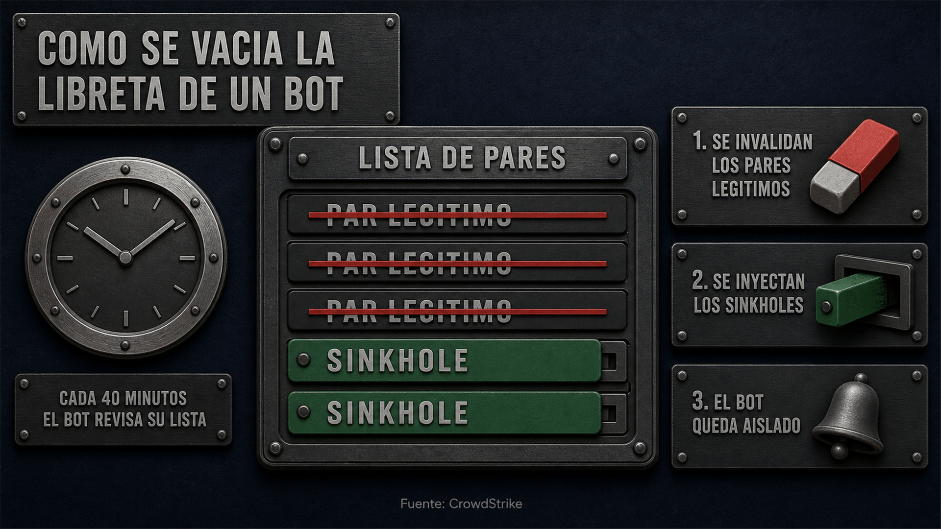 Infografía de la manipulación de listas de pares: los super peers legítimos se invalidan y en su lugar se inyectan sinkholes