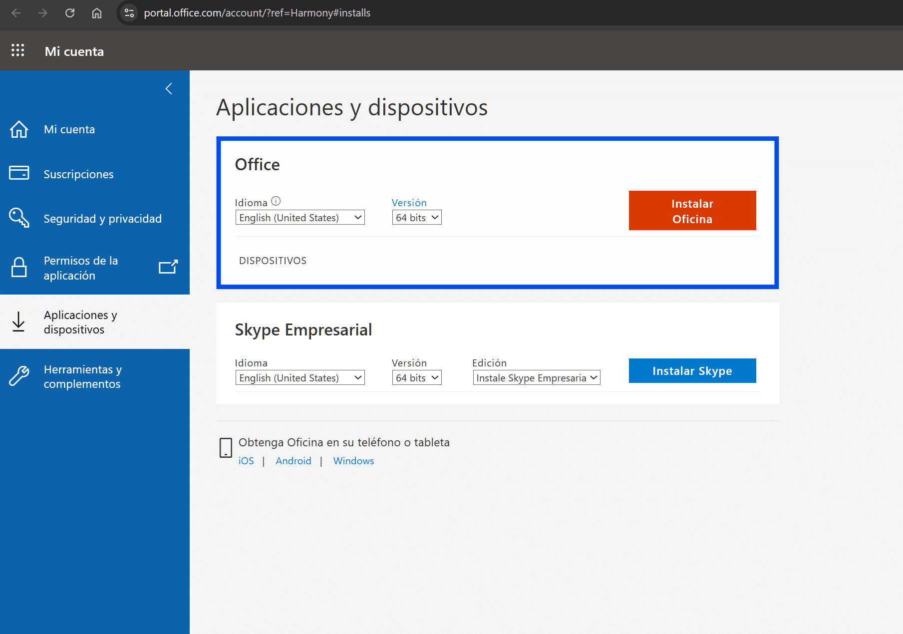 Pantalla Aplicaciones y dispositivos para elegir idioma y versión de Office