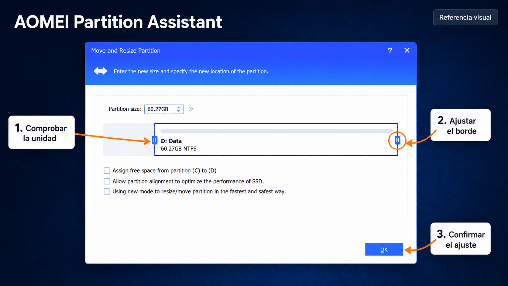 Referencia del ajuste del borde de una partición en AOMEI Partition Assistant