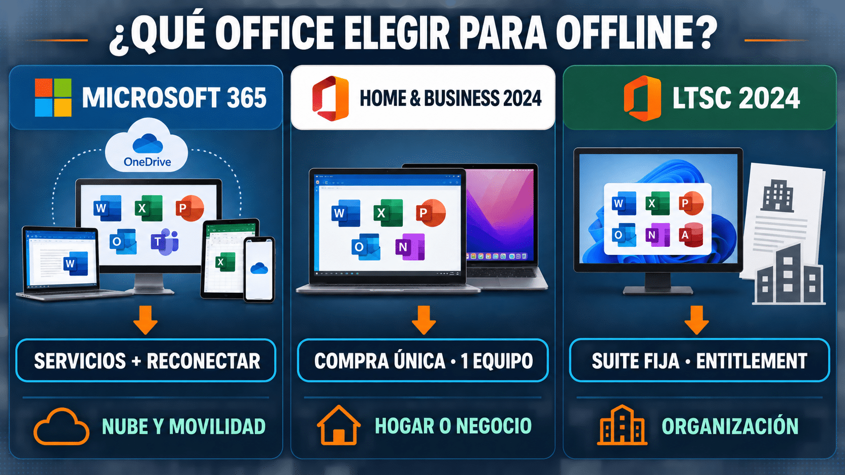 Comparación entre Microsoft 365, Office Home and Business 2024 y Office LTSC 2024