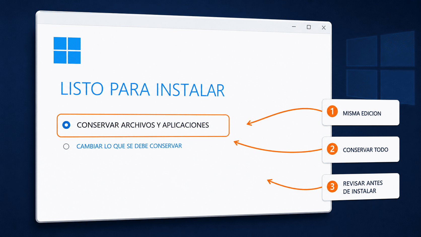 Pantalla de Windows 11 para conservar archivos personales y aplicaciones