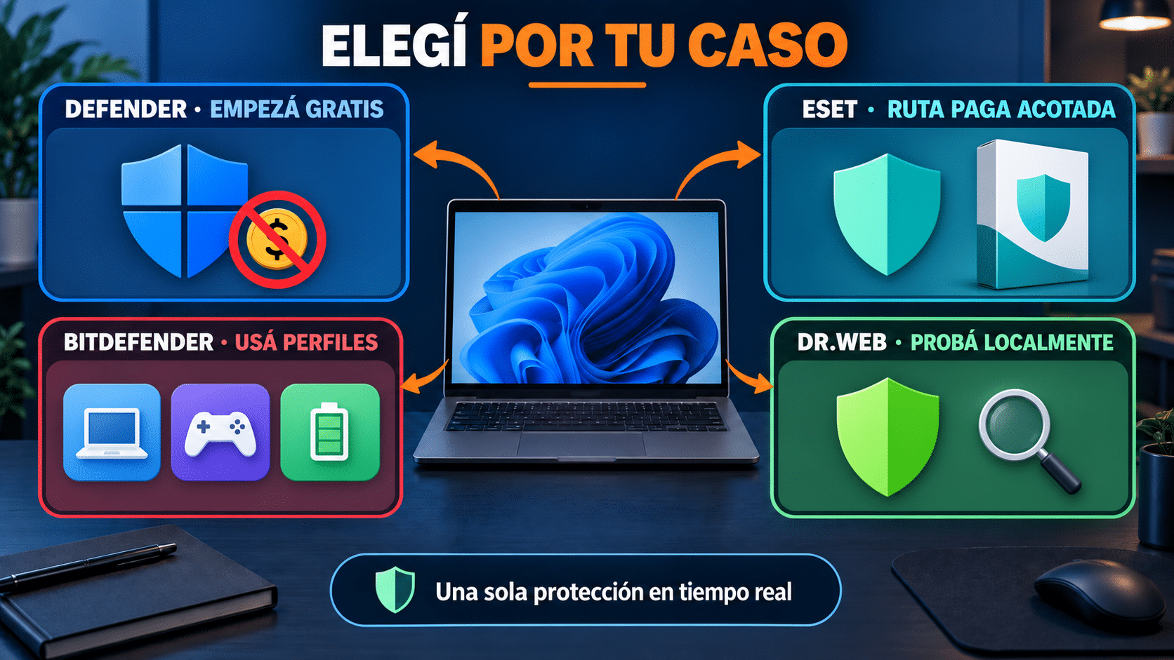 Resumen para elegir entre Microsoft Defender, ESET, Bitdefender y Dr.Web