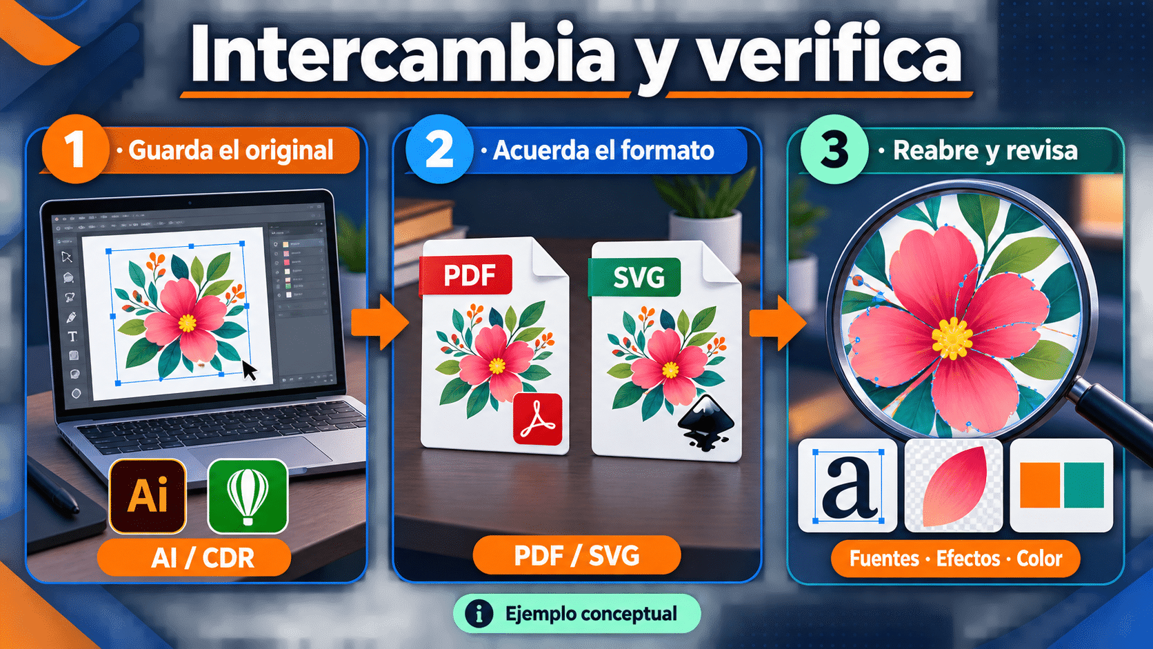 Conservar original exportar PDF o SVG y revisar fuentes y efectos en el destino