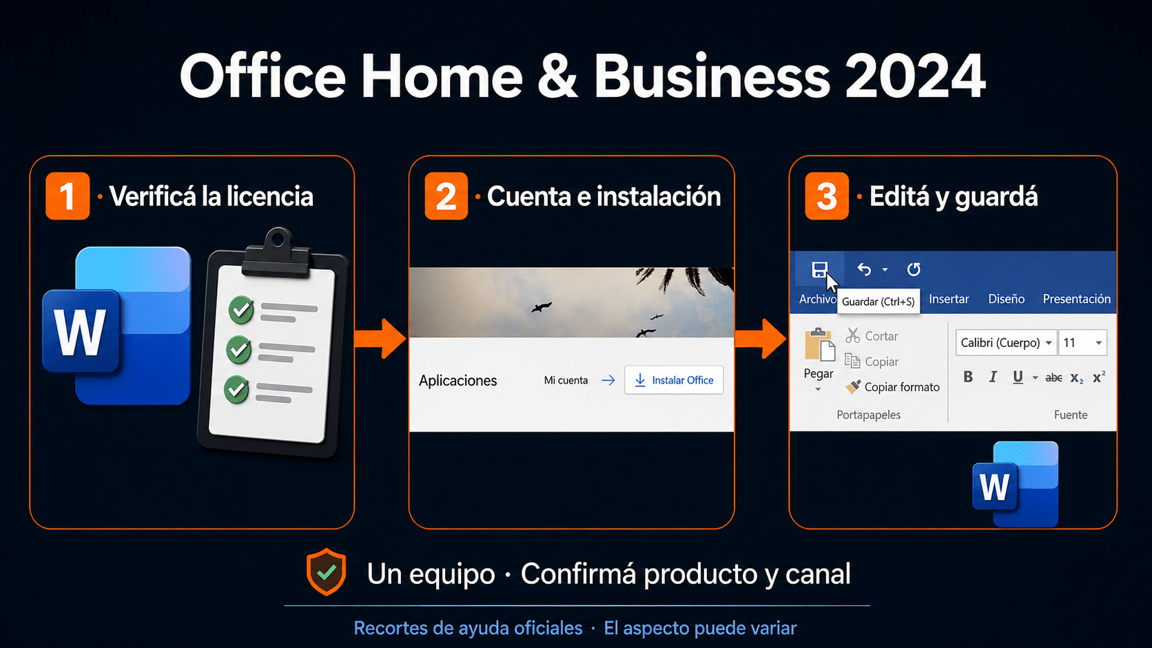 Método con Office Home and Business 2024: verificar licencia, cuenta e instalación y probar edición