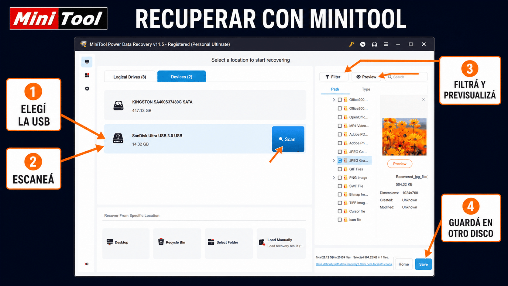 Pasos de MiniTool Power Data Recovery para recuperar una memoria USB