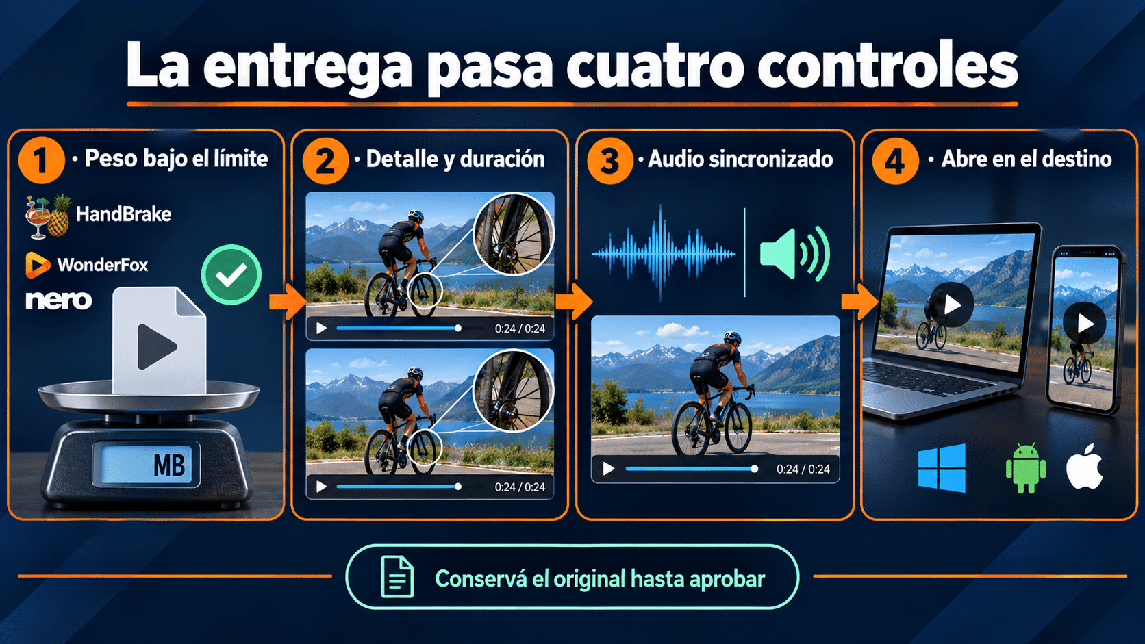 Comprobación final de peso, detalle visual, audio y reproducción en el destino